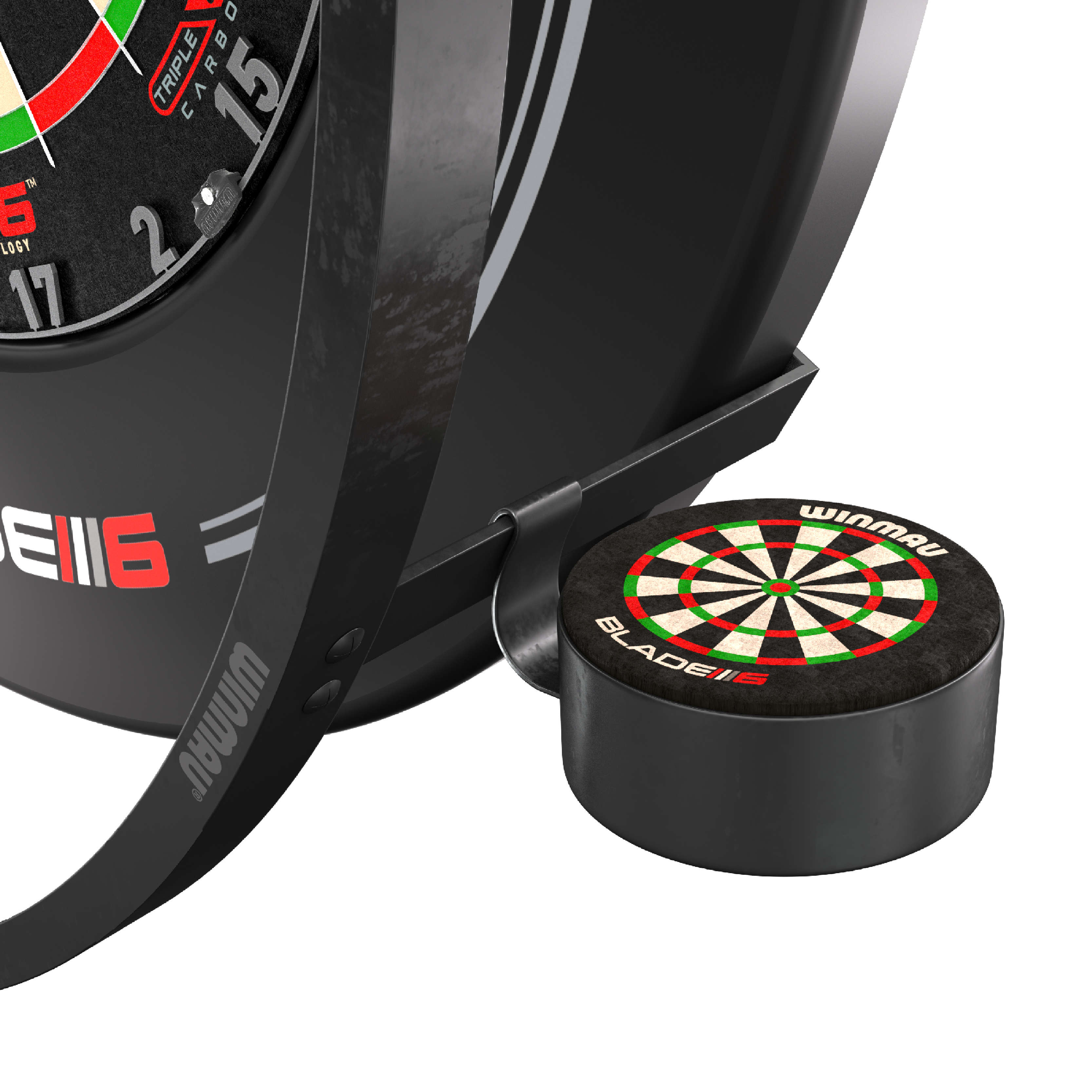 Zestaw akcesoriów plazmowych Winmau Das Bild zeigt das Winmau Plasma Zubehör Set für Dartscheiben. Zu sehen sind Teile des Zubehörs sowie ein Element mit einem aufgedruckten Dartboard-Design.