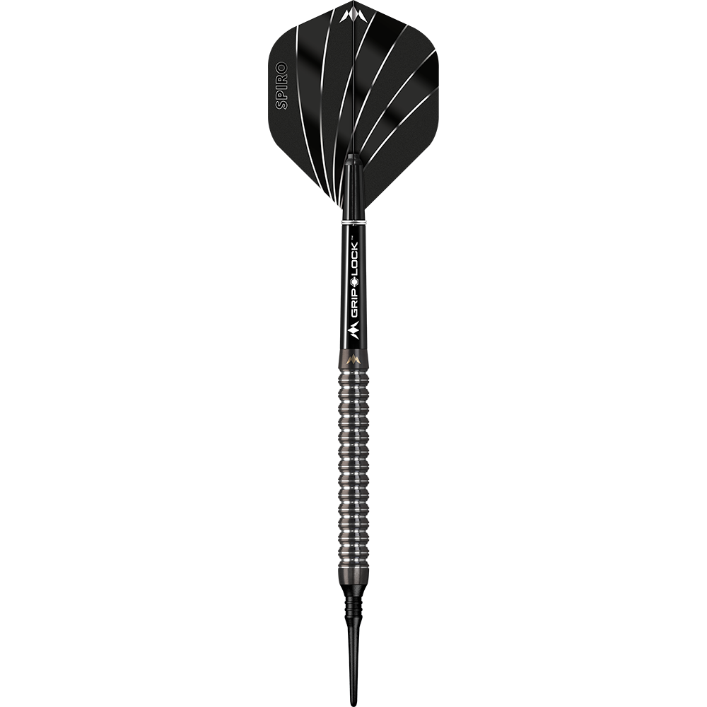 Das Bild zeigt einen Softdart namens "Mission Spiro Model 1" mit einem Gewicht von 20g. Der Dart hat ein modernes, schwarzes Design mit silbernen Ringen am Griff.