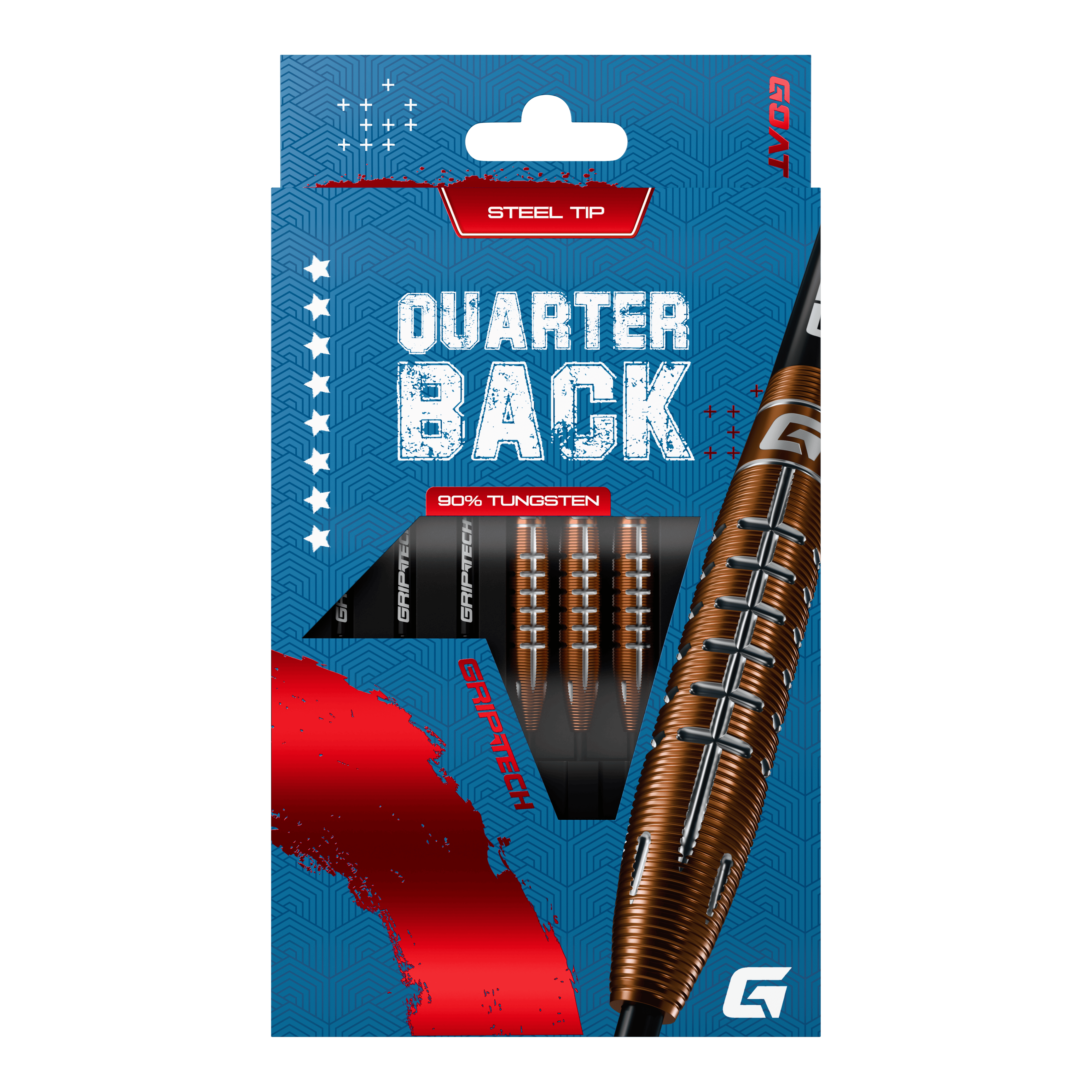 Lotki GOAT Quarterback V2 ze stali wolframowej - 24 g Die Verpackung zeigt die "GOAT Quarterback V2 Tungsten Steeldarts - 24g" mit Stahlspitze. Die Darts bestehen zu 90% aus Tungsten und haben ein modernes Design.