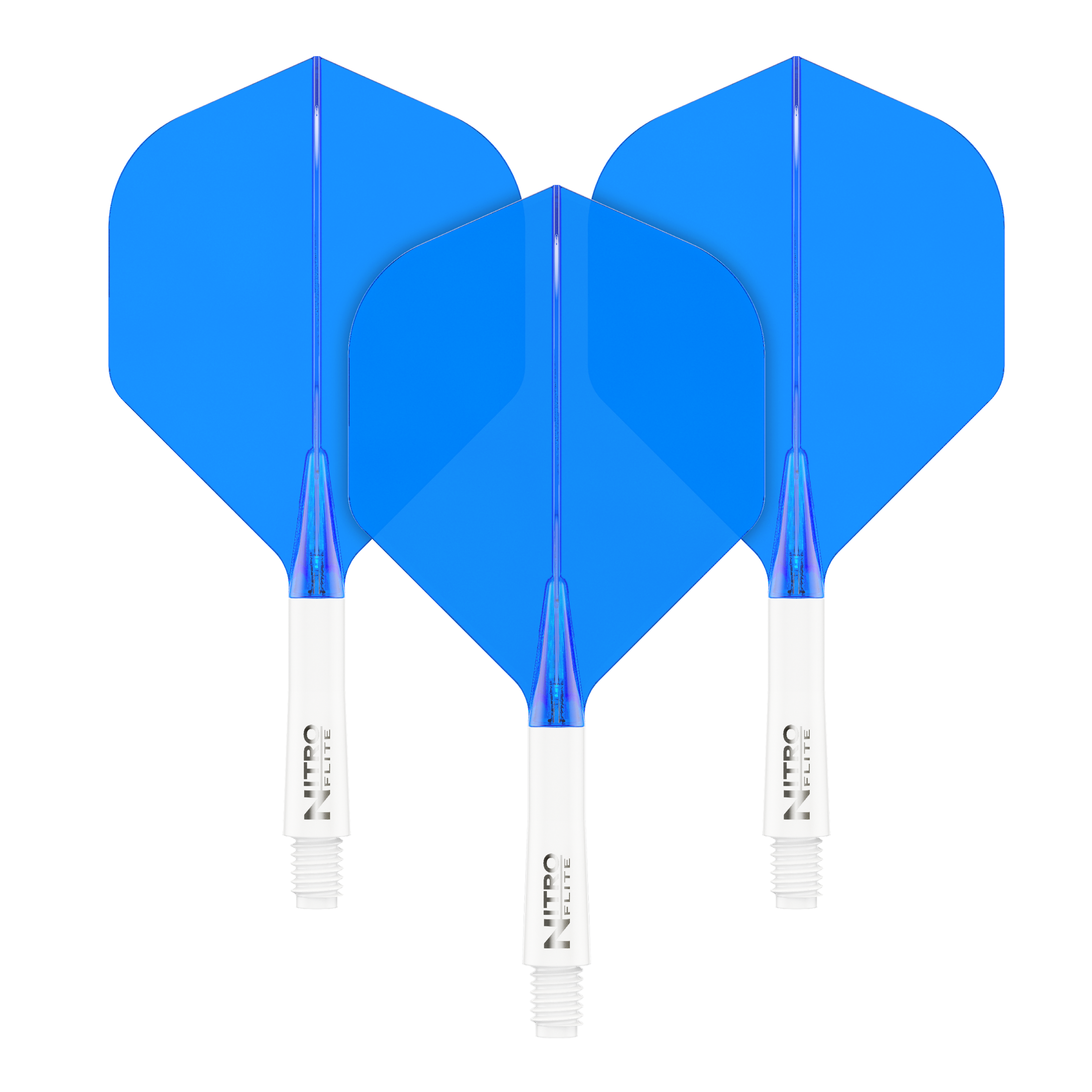 Auf dem Bild sind drei blaue Dart-Flights mit weißen Schäften zu sehen. Sie stehen nebeneinander und haben die gleiche Größe und Form.