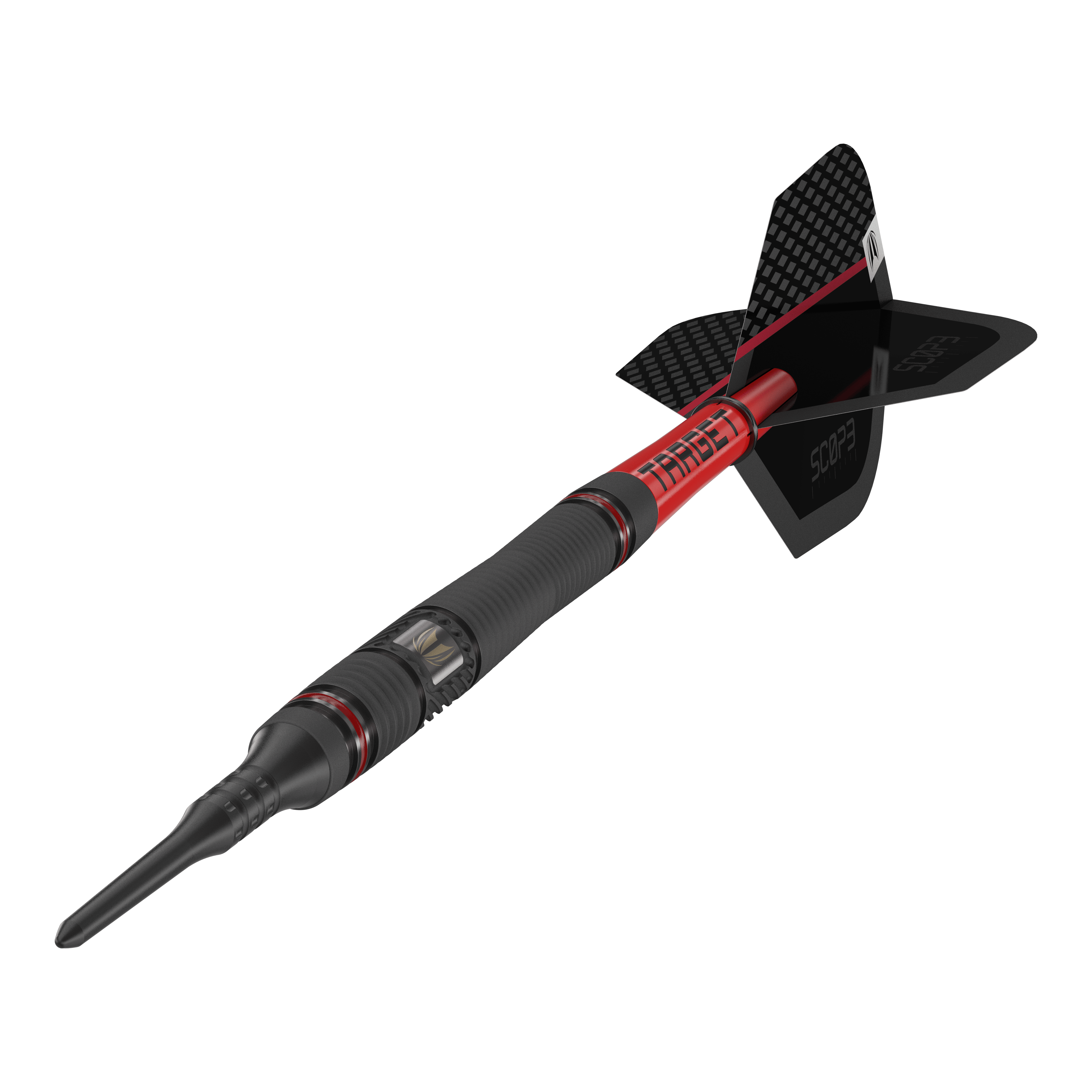 Targetownik 11 miękkich rzutek Das Bild zeigt einen Target Scope 11 Softdart mit schwarzem und rotem Design. Der Dartpfeil hat eine schwarze Spitze und eine schwarze Flight-Fläche mit Schriftzug.