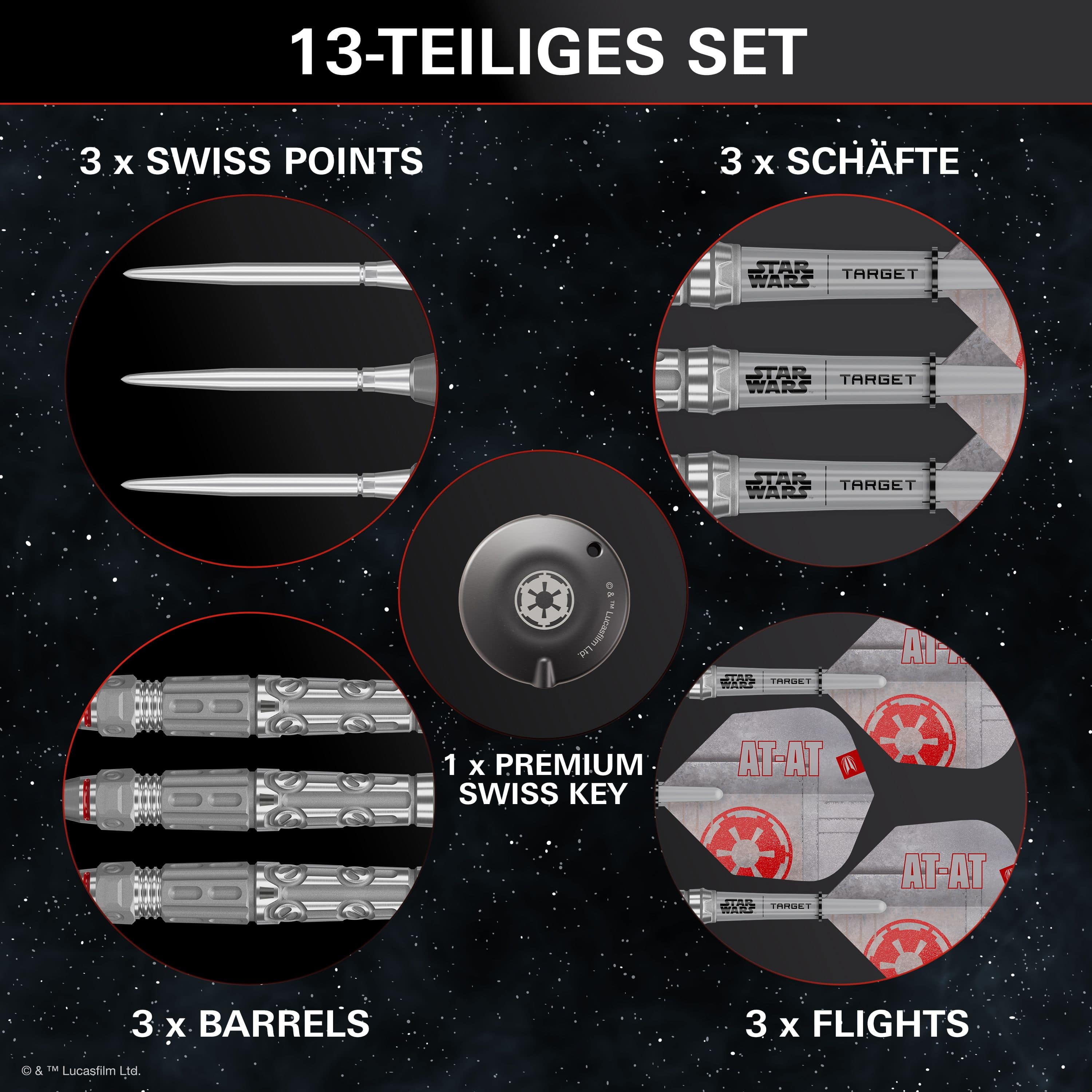 Stalowe rzutki Target Star Wars AT-AT Swiss Point Auf dem Bild sieht man die Target Star Wars AT-AT Swiss Point Steeldarts. Sie sind von den bekannten AT-AT-Maschinen aus Star Wars inspiriert.