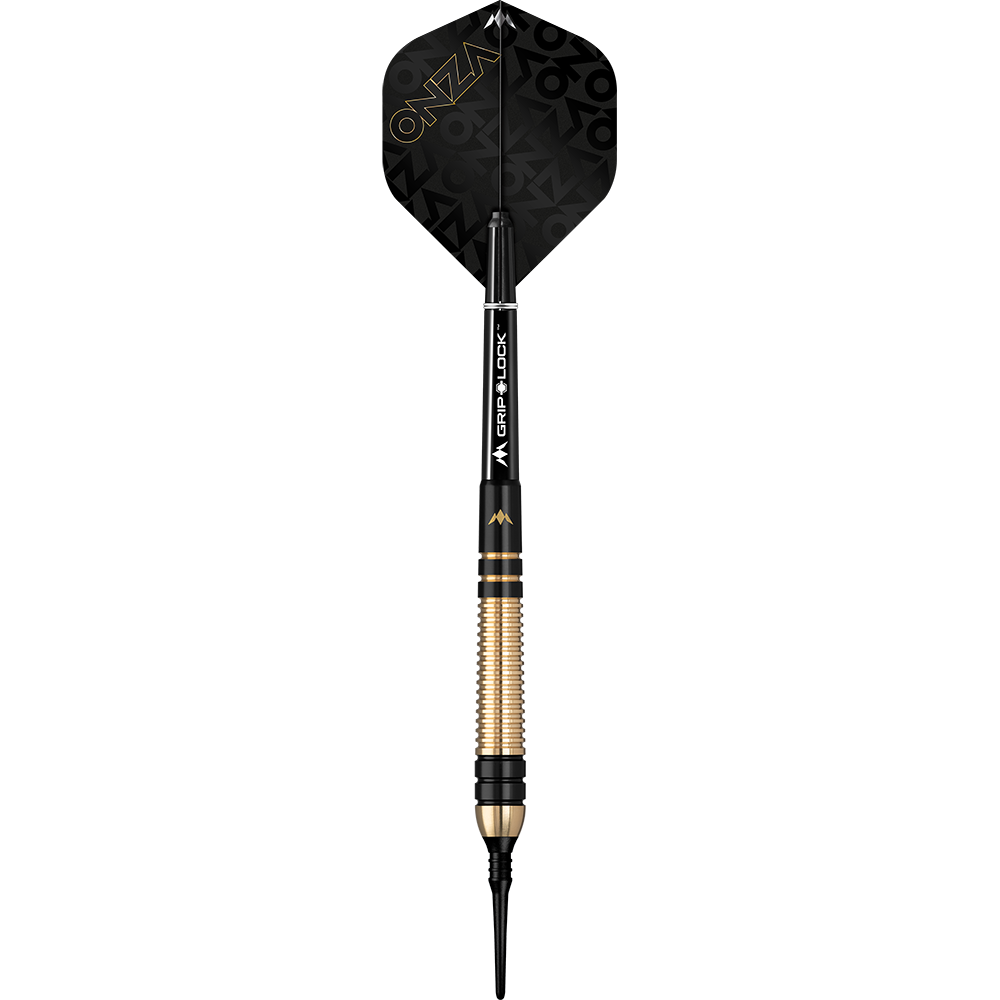 Dies ist der Mission Onza Model 2 Black Gold Softdart mit einem Gewicht von 18g. Der Dart hat ein elegantes Design in Schwarz und Gold.