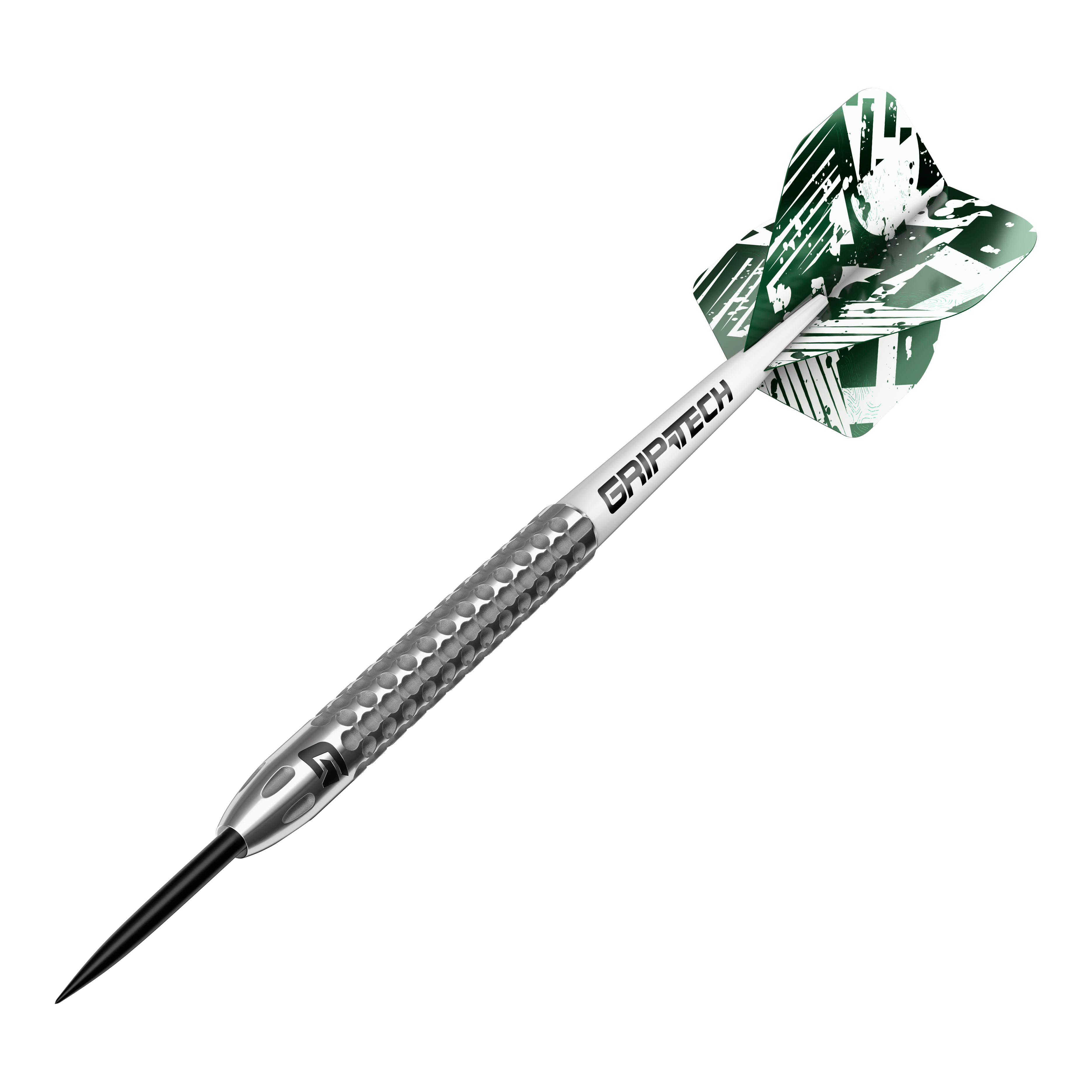 Lotki GOAT Fairway V2 ze stali wolframowej Das Bild zeigt einen GOAT Fairway V2 Tungsten Steeldart. Der Dartpfeil hat ein silbernes Griffstück mit strukturierter Oberfläche und grüne Flights mit weißem Muster.