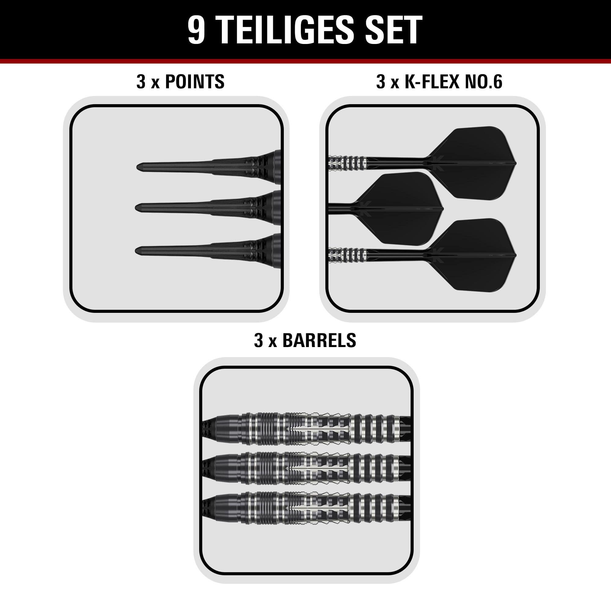 Miękkie lotki Target Black Marque Blaze – 18 g Gezeigt werden die Target Black Marque Blaze Softdarts mit 18g Gewicht. Diese Softdarts sind für ambitionierte Spieler entworfen.