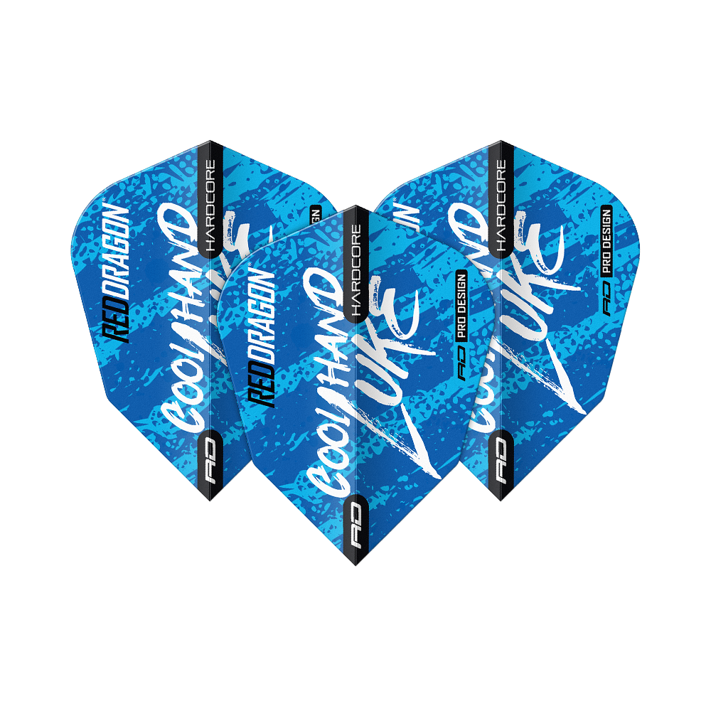 Das Bild zeigt drei blaue Dartflights mit der Aufschrift „RED DRAGON“ und „Cool Hand Luke“. Sie sind Teil der „Luke Humphries World Champion Blue V-Standard Flights“ Serie.