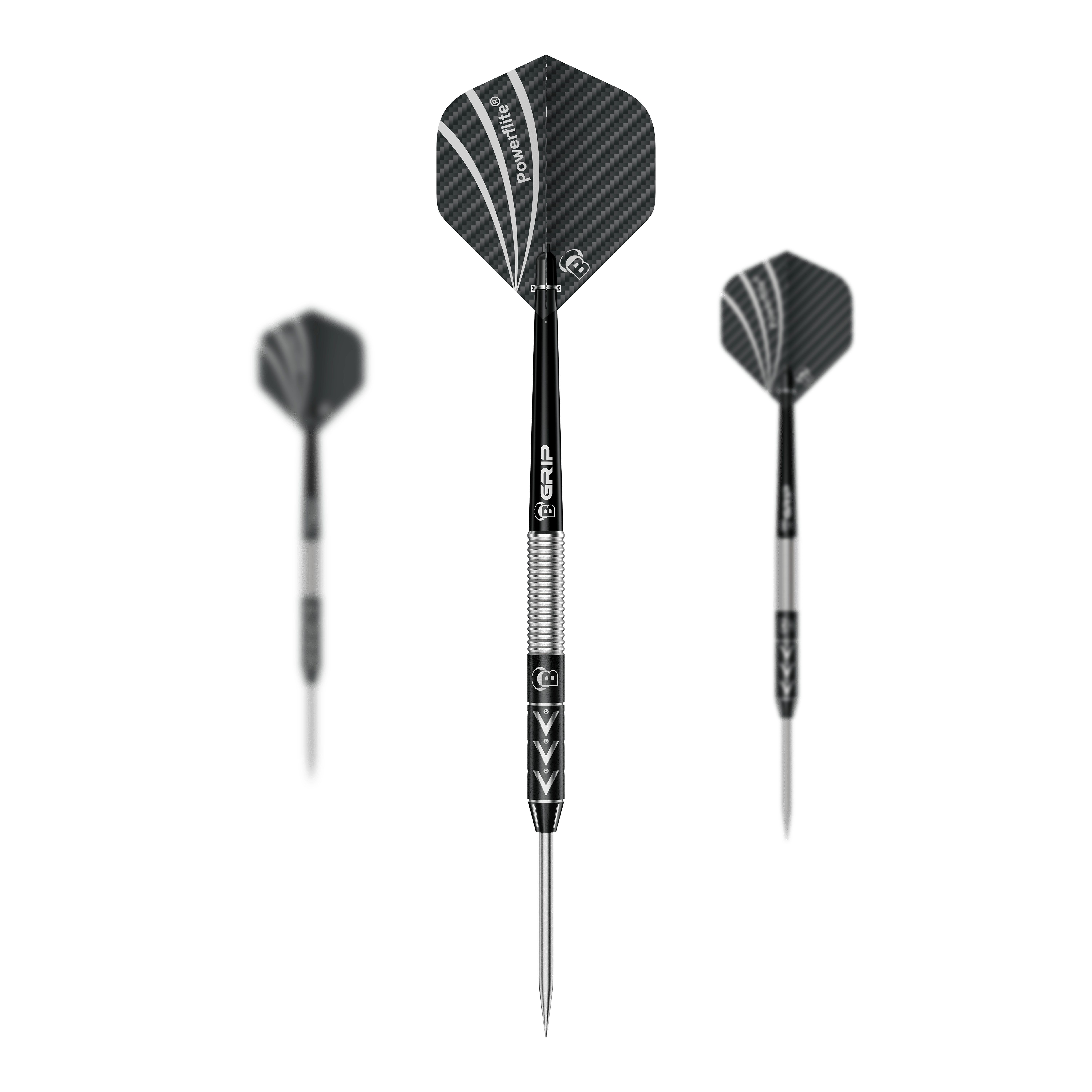 Das Bild zeigt drei Steeldarts des Modells "Bulls Challenger Arno Merk" mit einem Gewicht von 22g. Die Pfeile haben schwarze Flights mit silbernen Akzenten und einen silber-schwarzen Schaft.
