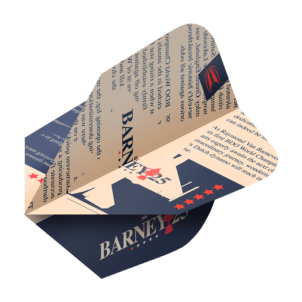 Kieruj na loty ProUltra Raymond Van Barneveld Barney25 Ten-X Das Bild zeigt ein Target ProUltra Raymond Van Barneveld Barney25 Ten-X Flight für Darts. Das Flight ist in Beige und Dunkelblau gehalten und mit Text sowie Sternen dekoriert.