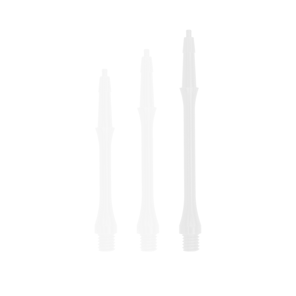 Das Bild zeigt drei weiße Harrows Clic Slim Shafts in unterschiedlichen Längen. Die Shafts stehen nebeneinander auf weißem Hintergrund.