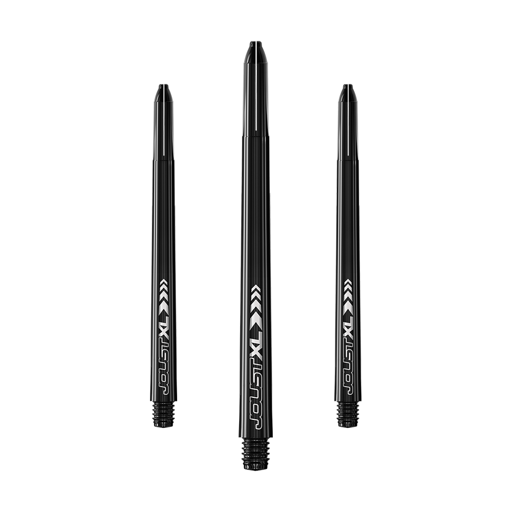 C816_Red_Dragon_Joust_XL_Shafts_Schwarz_65mm_1 Das Bild zeigt drei schwarze Dartschäfte der Marke Red Dragon Joust XL in 65mm Länge. Die Schäfte sind mit weißer Schrift und Pfeilmustern verziert.