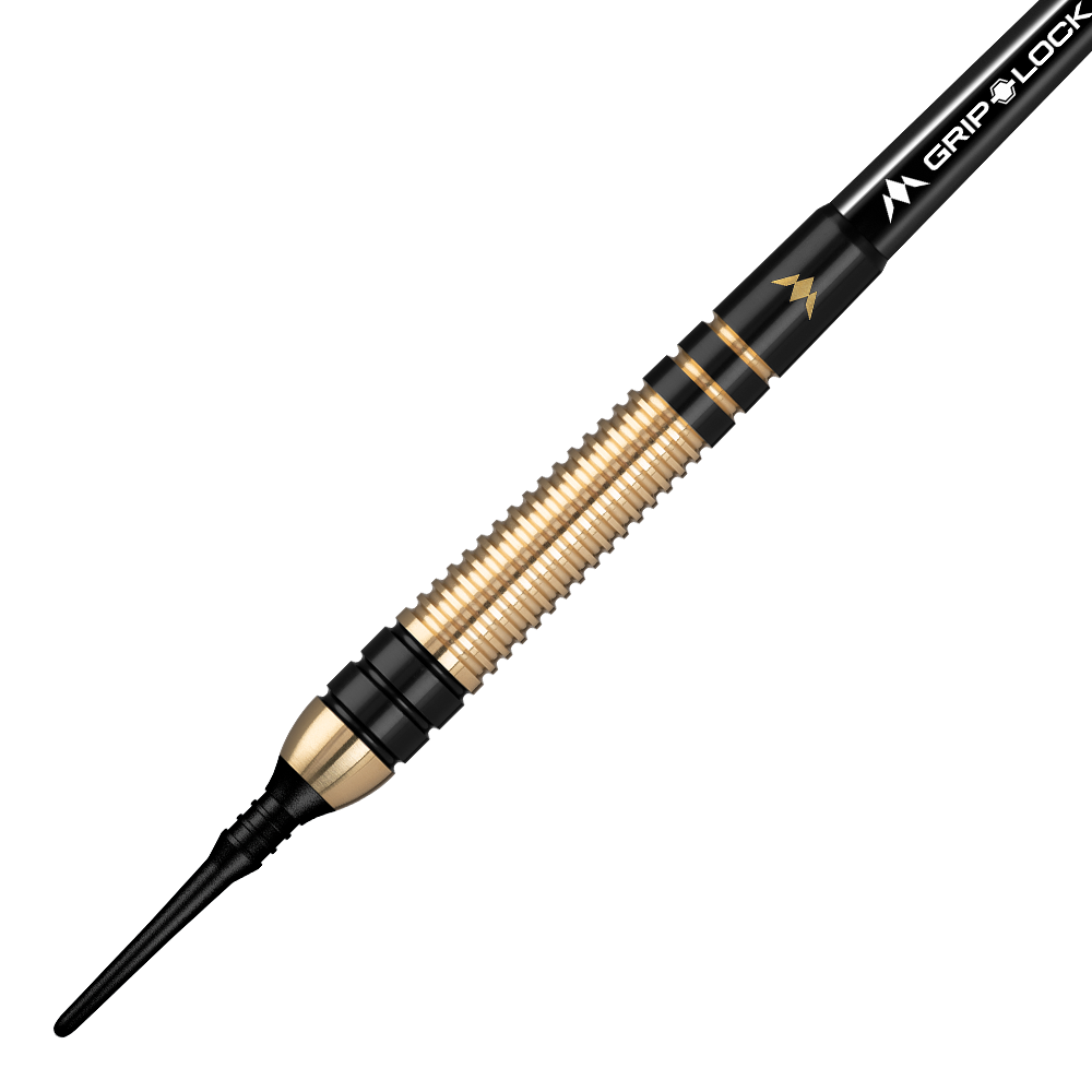 Das Bild zeigt einen Mission Onza Model 2 Black Gold Softdart mit einem Gewicht von 18g. Der Dart ist überwiegend goldfarben mit schwarzen Akzenten und einer geriffelten Oberfläche.