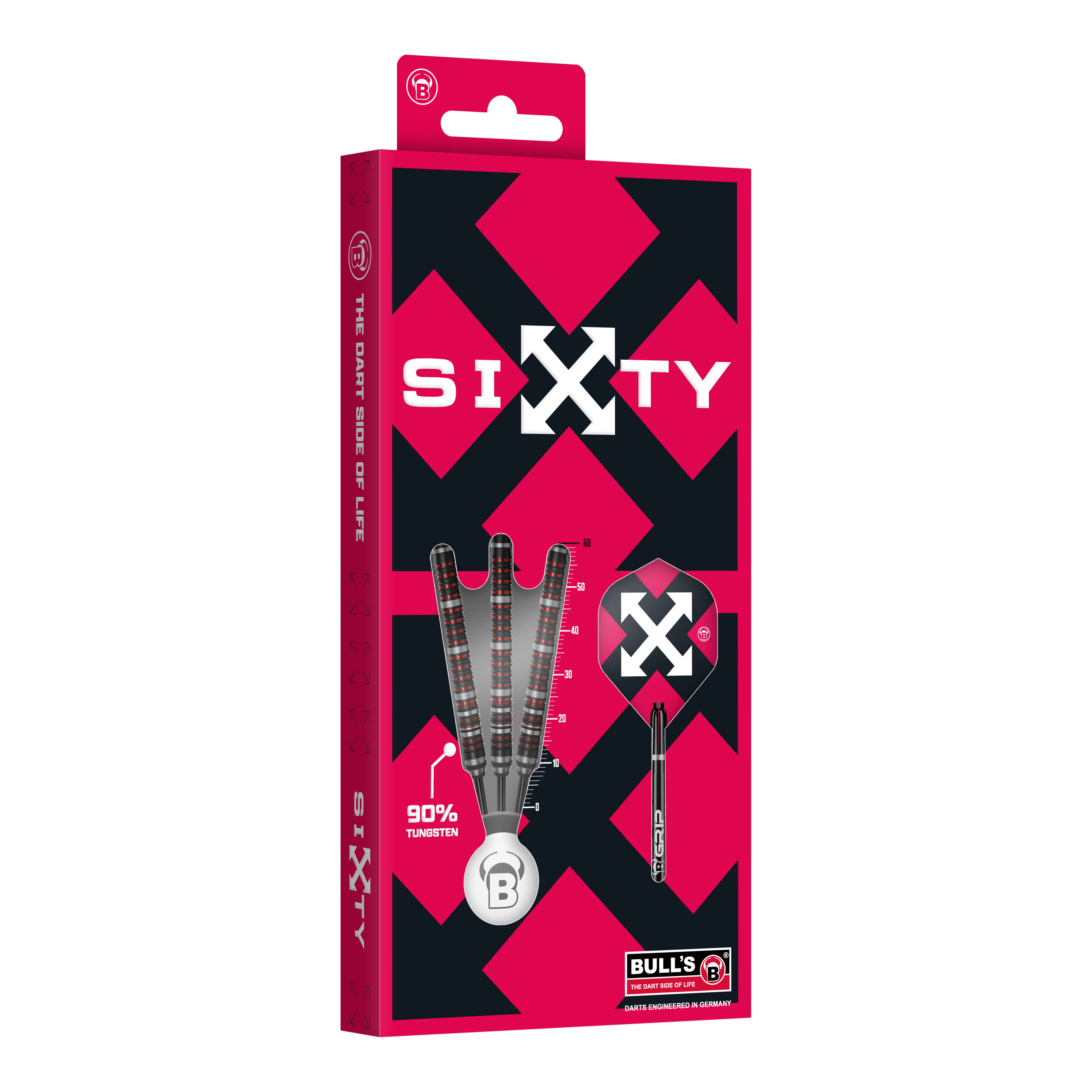 Hier sind die Bulls Sixty S2 Steeldarts abgebildet. Die Steeldarts haben ein schlankes Design und eignen sich für professionelle Spieler.