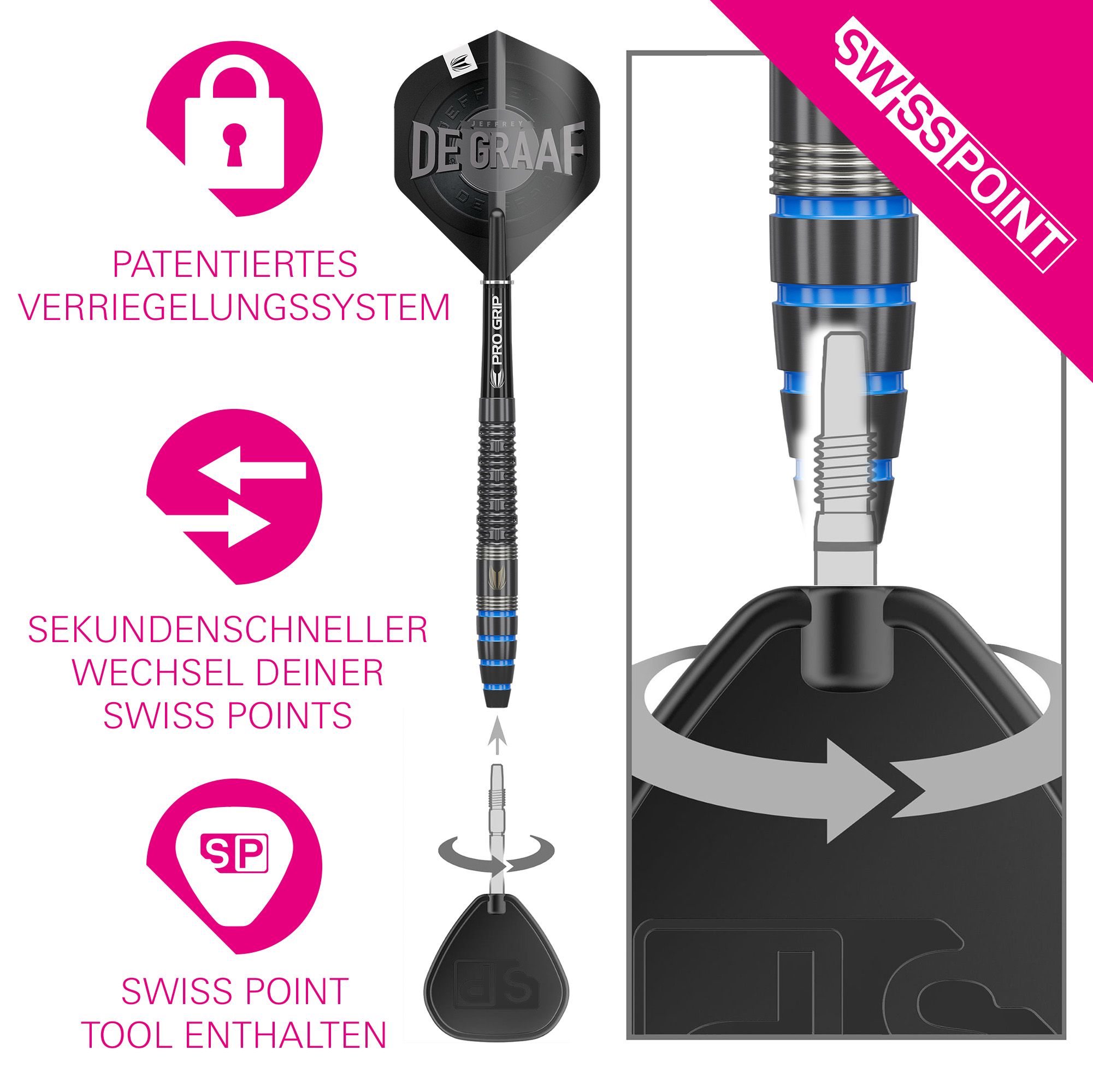 Target Jeffrey De Graaf GEN1 Swiss Point Steeldarts - 23g Das Bild zeigt den Target Jeffrey De Graaf GEN1 Swiss Point Steeldart mit einem Gewicht von 23g. Es hebt das patentierte Verriegelungssystem, den sekundenschnellen Wechsel der Swiss Points und das enthaltene Swiss Point Tool hervor.