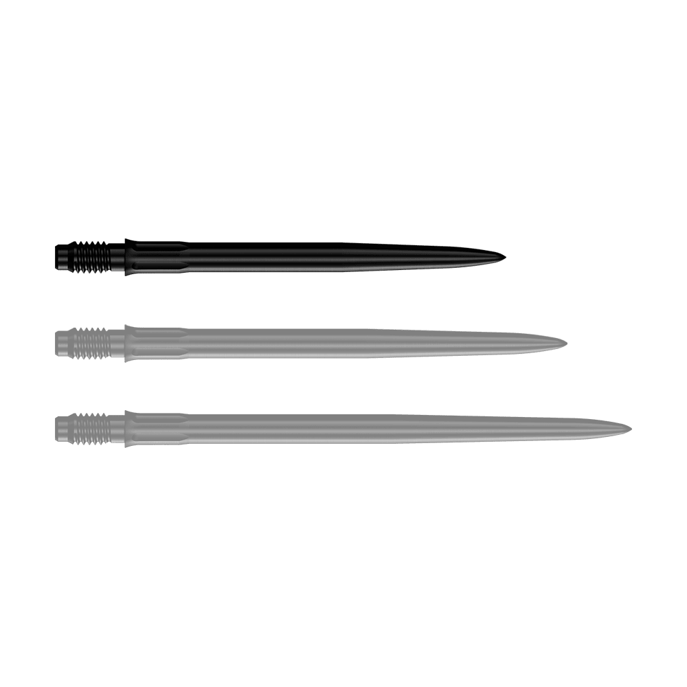 Końcówki do lotek Mission R2.5 Rapid Point SM1 – czarne Das Bild zeigt eine einzelne schwarze Dartspitze mit einer Länge von 30 mm. Die Spitze ist für den Einsatz in Darts gedacht.