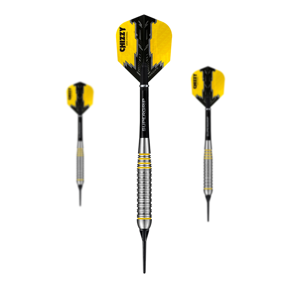 Miękkie lotki Chizzy Brass firmy Harrow's Dave Chisnall Das Bild zeigt drei Harrows Dave Chisnall Chizzy Brass Softdarts. Die Pfeile haben gelb-schwarze Flights und einen geriffelten silbernen Barrel.