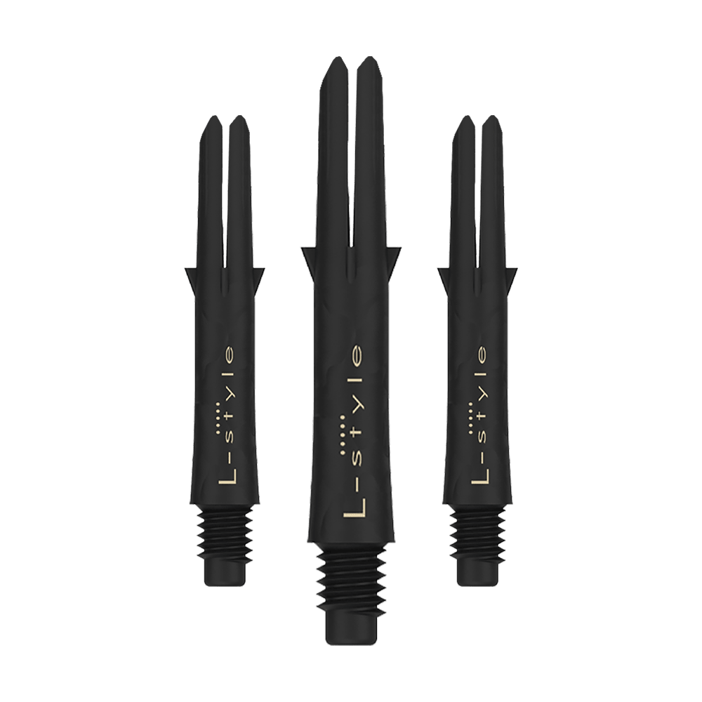 Wałki karbonowe w stylu L Das Bild zeigt drei schwarze Carbon Shafts für Dartpfeile der Marke L-Style. Die Shafts sind ohne Kappen und besitzen eine goldene Schrift.
