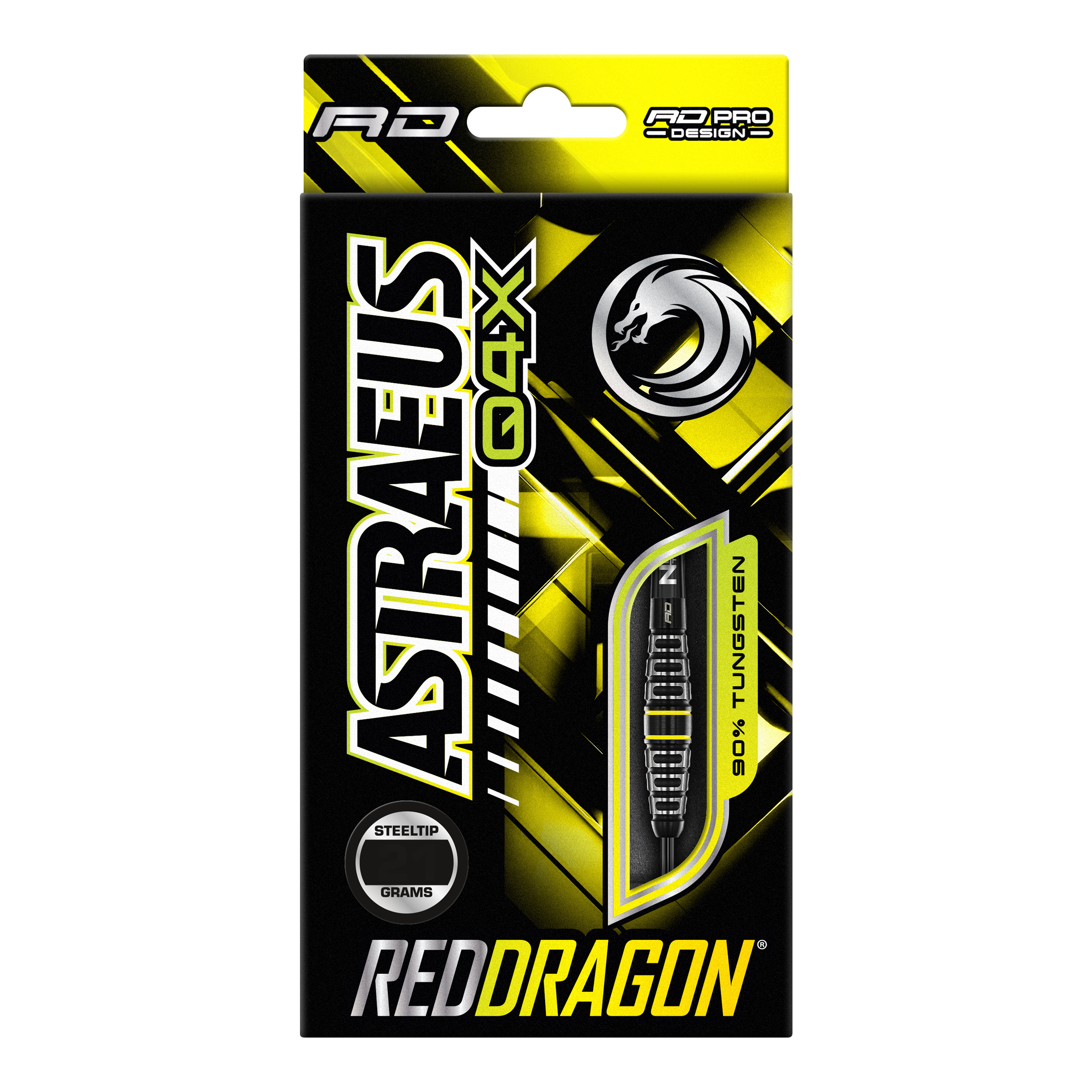 Rzutki stalowe Red Dragon Astraeus Q4X Torpedo Die Abbildung zeigt die Verpackung der "Red Dragon Astraeus Q4X Torpedo Steeldarts". Das Design ist überwiegend schwarz und gelb, mit auffälligem Markenschriftzug und einer sichtbaren Abbildung eines Darts.