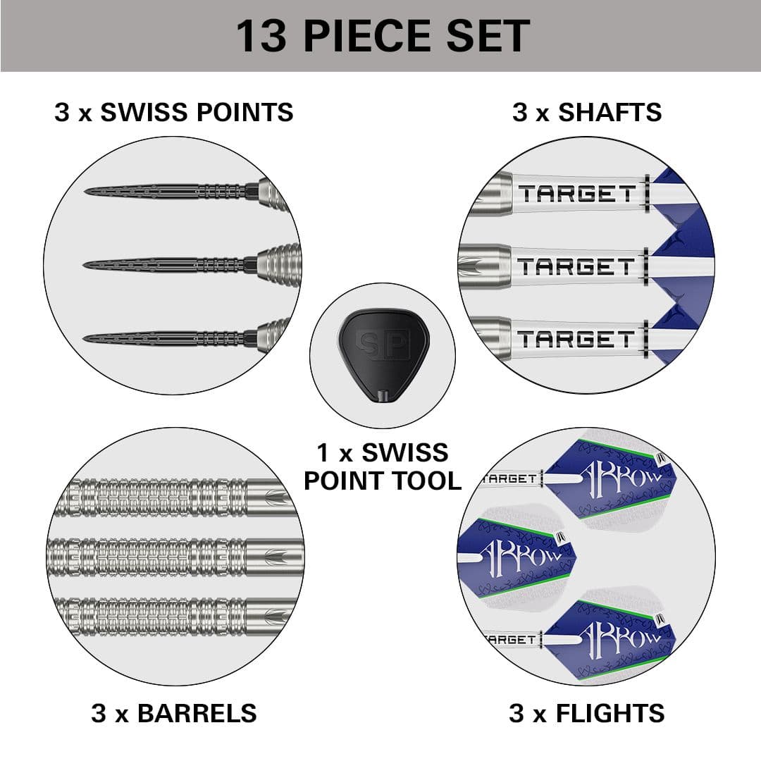 Lotki stalowe Target Shane McGuirk GEN1 Swiss Point - 23g Das Bild zeigt ein 13-teiliges Set des Produkts „Target Shane McGuirk GEN1 Swiss Point Steeldarts - 23g“. Enthalten sind 3 Swiss Points, 3 Shafts, 3 Barrels, 3 Flights und 1 Swiss Point Tool.