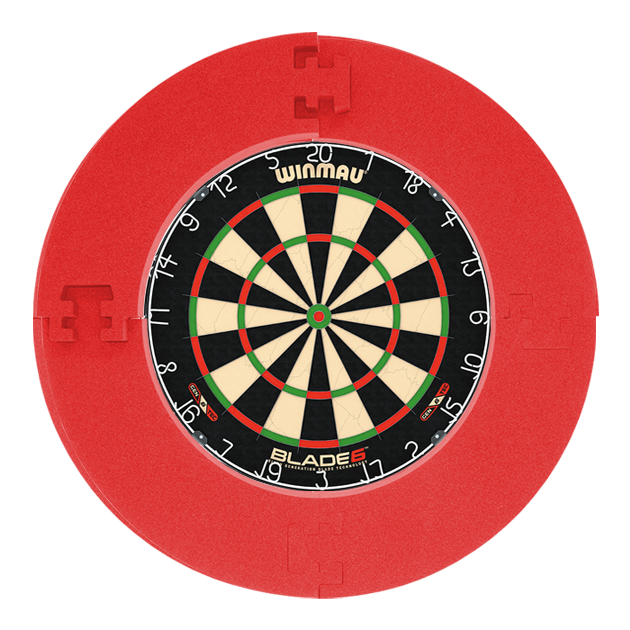 Gezeigt wird das Winmau Blade 6 Bundle mit 12 McDart Steeldarts und einem roten Catchring. Das Bild stellt ein Darts-Set dar.