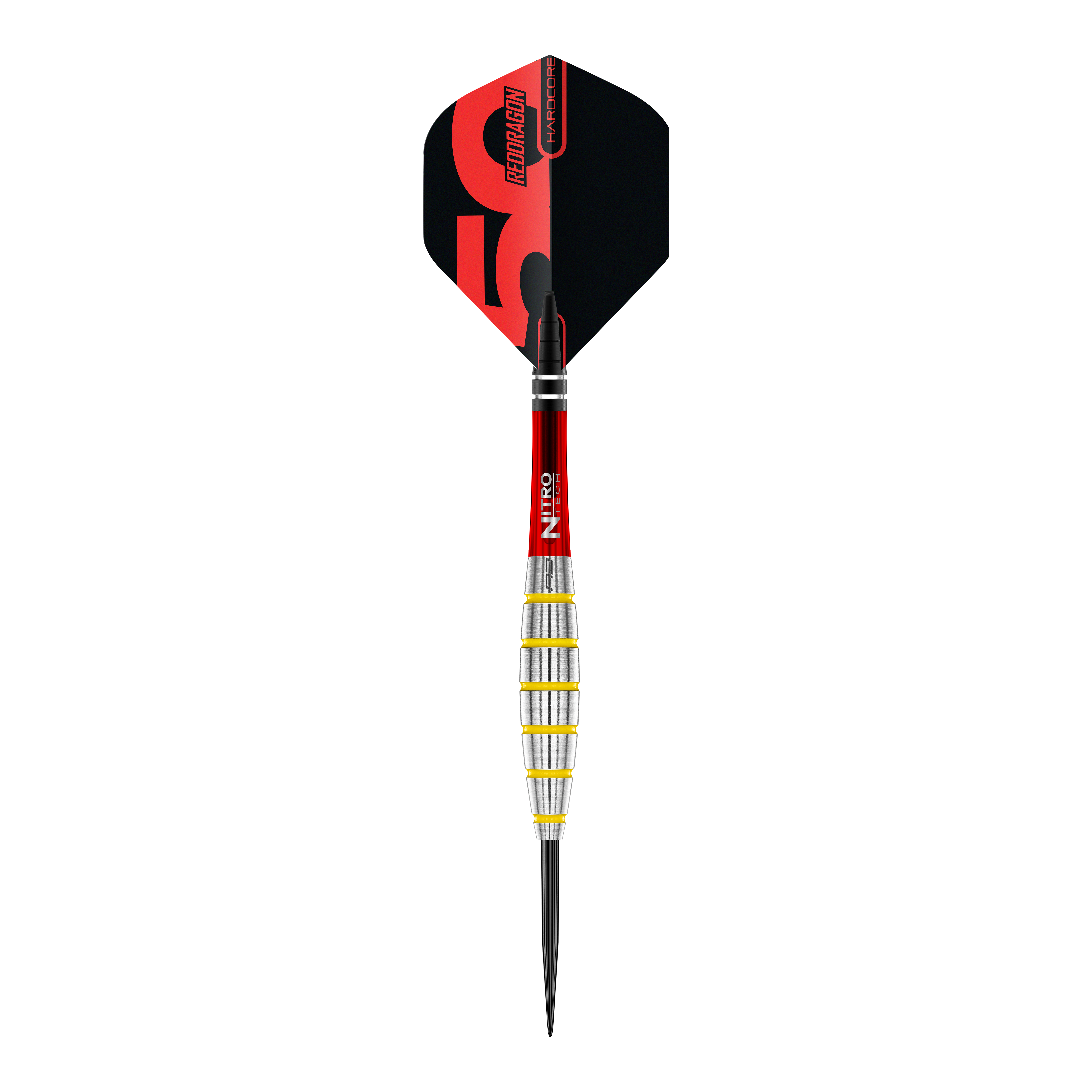 Dies ist ein Steeldart aus der "Red Dragon 50 Year Collection" namens Chunky Stumpy 3 mit einem Gewicht von 24g. Der Dart hat ein auffälliges Design in Rot, Schwarz und Silber.