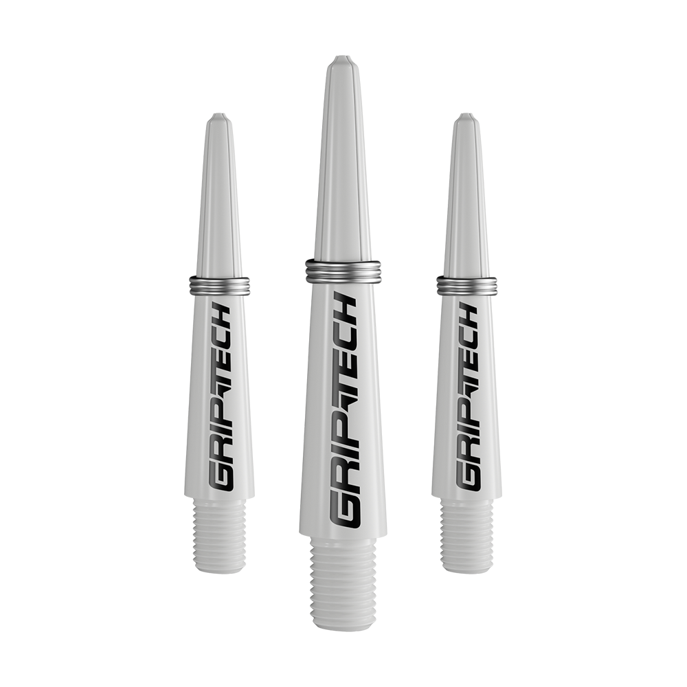 Das Bild zeigt drei silberne Dartschäfte mit der Aufschrift "GRIPTECH". Sie sind aus Kunststoff und haben ein Schraubgewinde am unteren Ende.