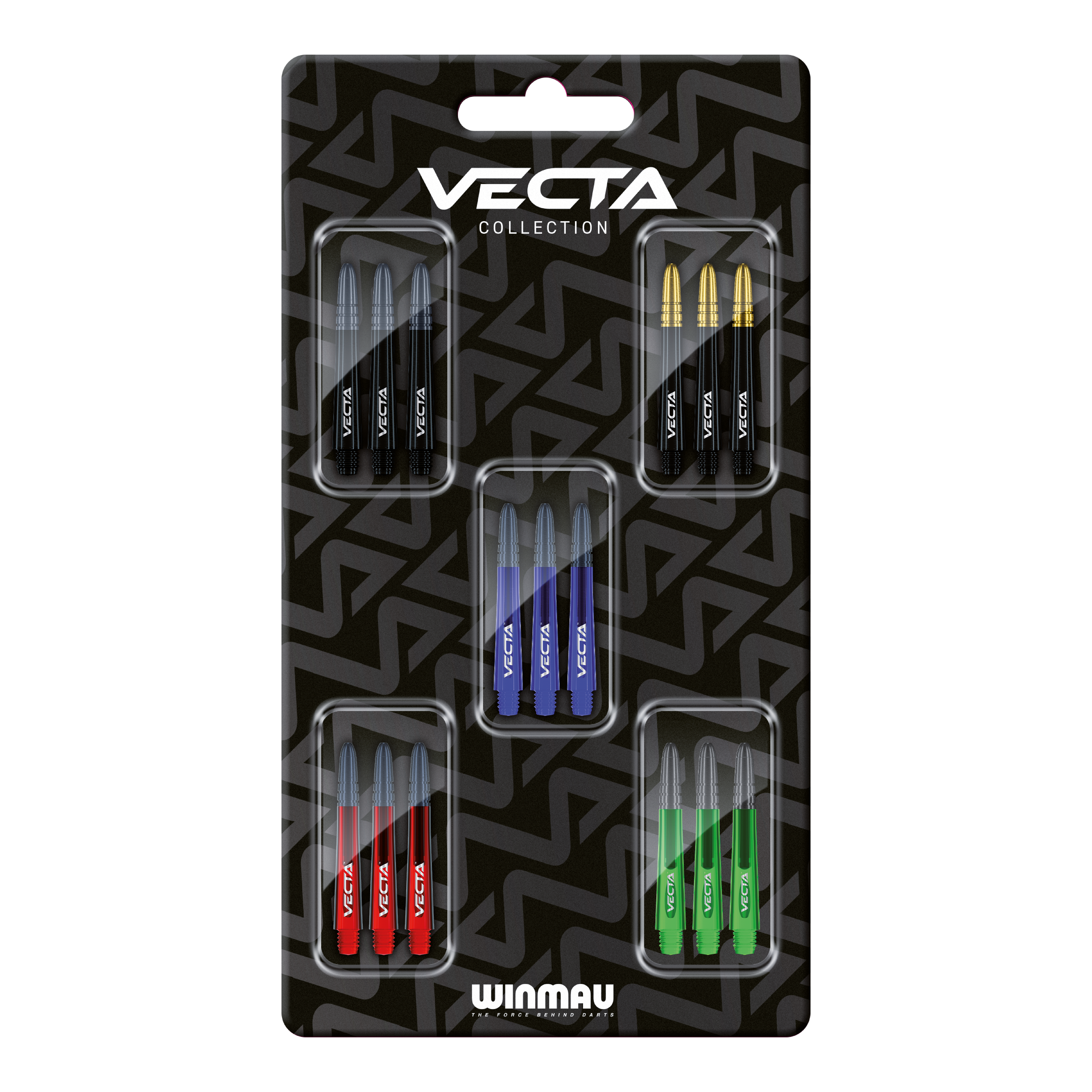 Abgebildet ist die Winmau Vecta Shaft Collection. Diese Produkte sind hochwertige Dartschäfte.