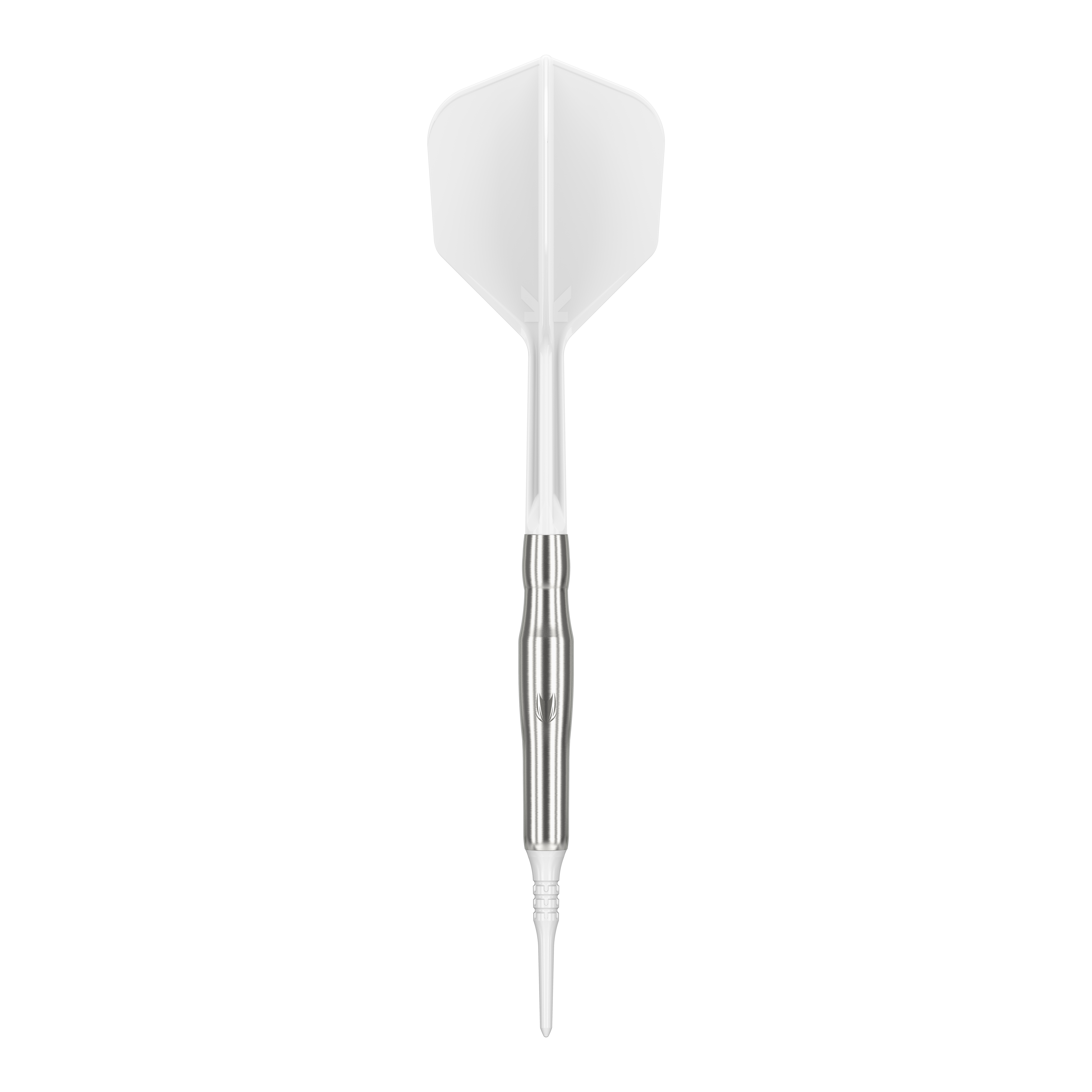 Target Japan Crux Brave Soft Darts - 18,5 g Das Bild zeigt einen weißen Softdart mit silbernem Schaft. Es handelt sich um das Produkt "Target Japan Crux Brave Softdarts - 18,5g".