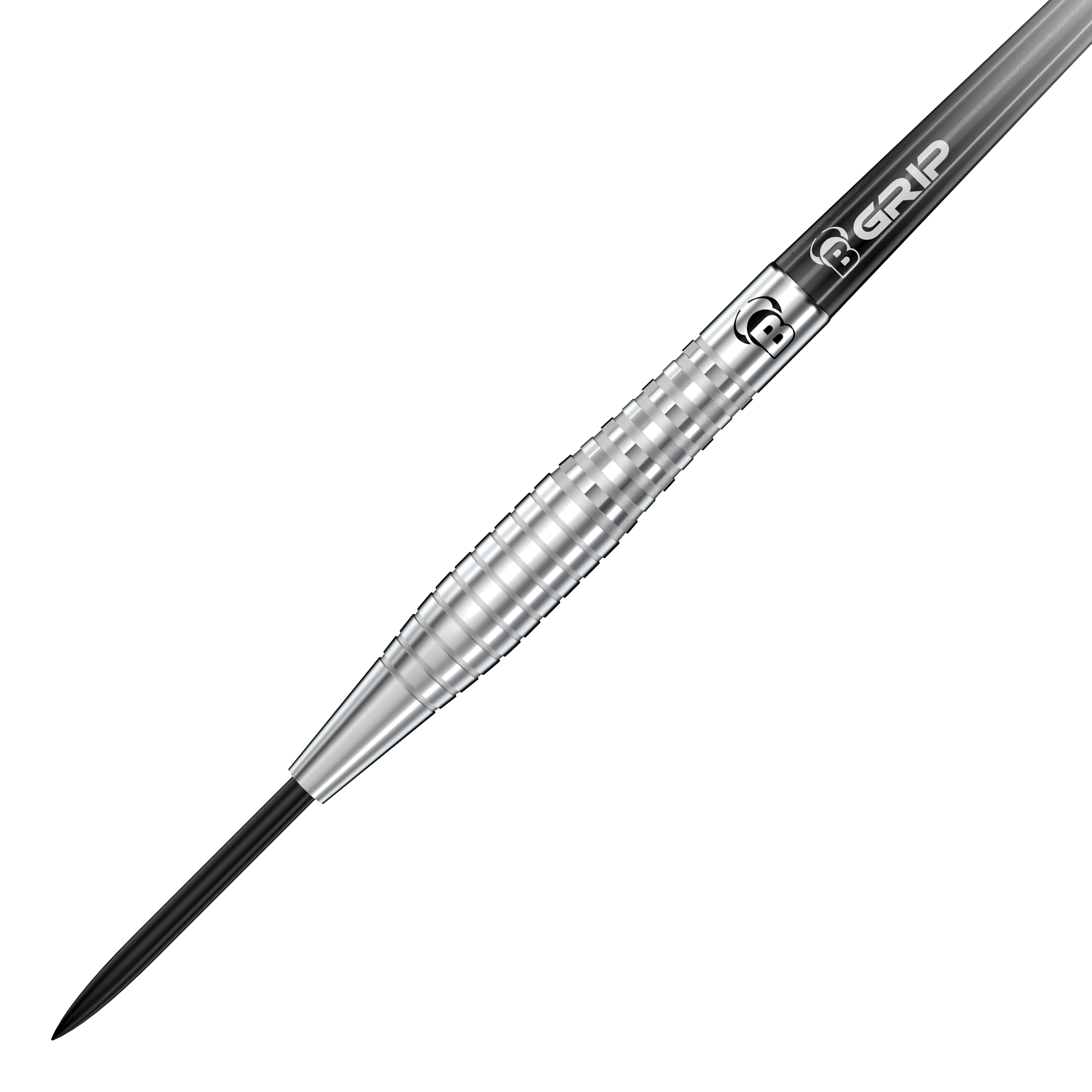 Rzutki stalowe Bulls Martin Schindler Original Generation 2 Das Bild zeigt einen silbernen Steeldart der Marke Bulls, Modell Martin Schindler Original Generation 2. Der Dart hat eine gerillte Oberfläche für besseren Grip und eine schwarze Stahlspitze.