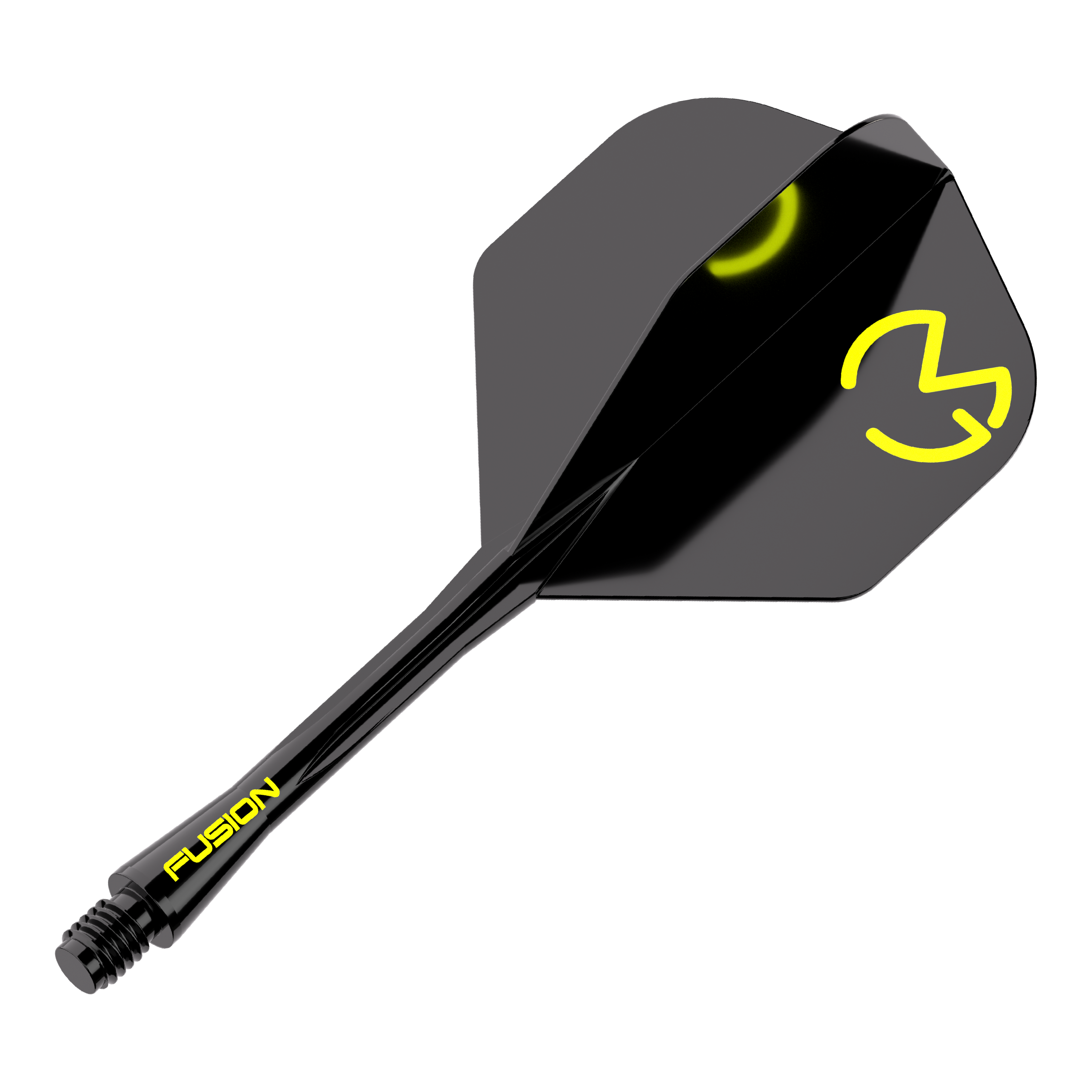 Das Bild zeigt das Winmau Fusion Flight-Shaft-System Michael Van Gerwen Pacman No2 Standard. Es ist schwarz mit gelben Akzenten und dem Logo auf dem Flight.