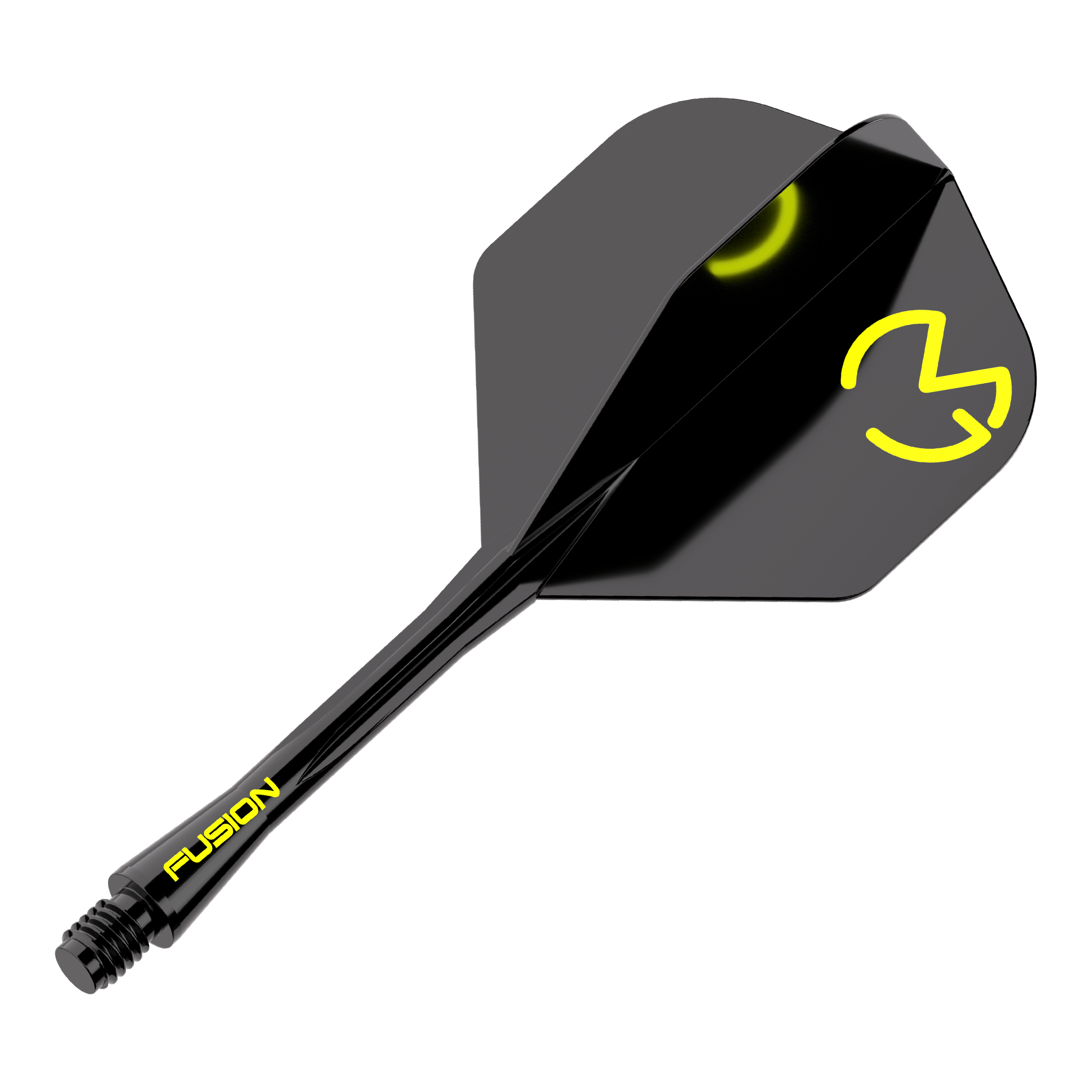 System wału napędowego Winmau Fusion Michael Van Gerwen Pacman No2 Standard Das Bild zeigt das Winmau Fusion Flight-Shaft-System Michael Van Gerwen Pacman No2 Standard. Es ist schwarz mit gelben Akzenten und dem Logo auf dem Flight.
