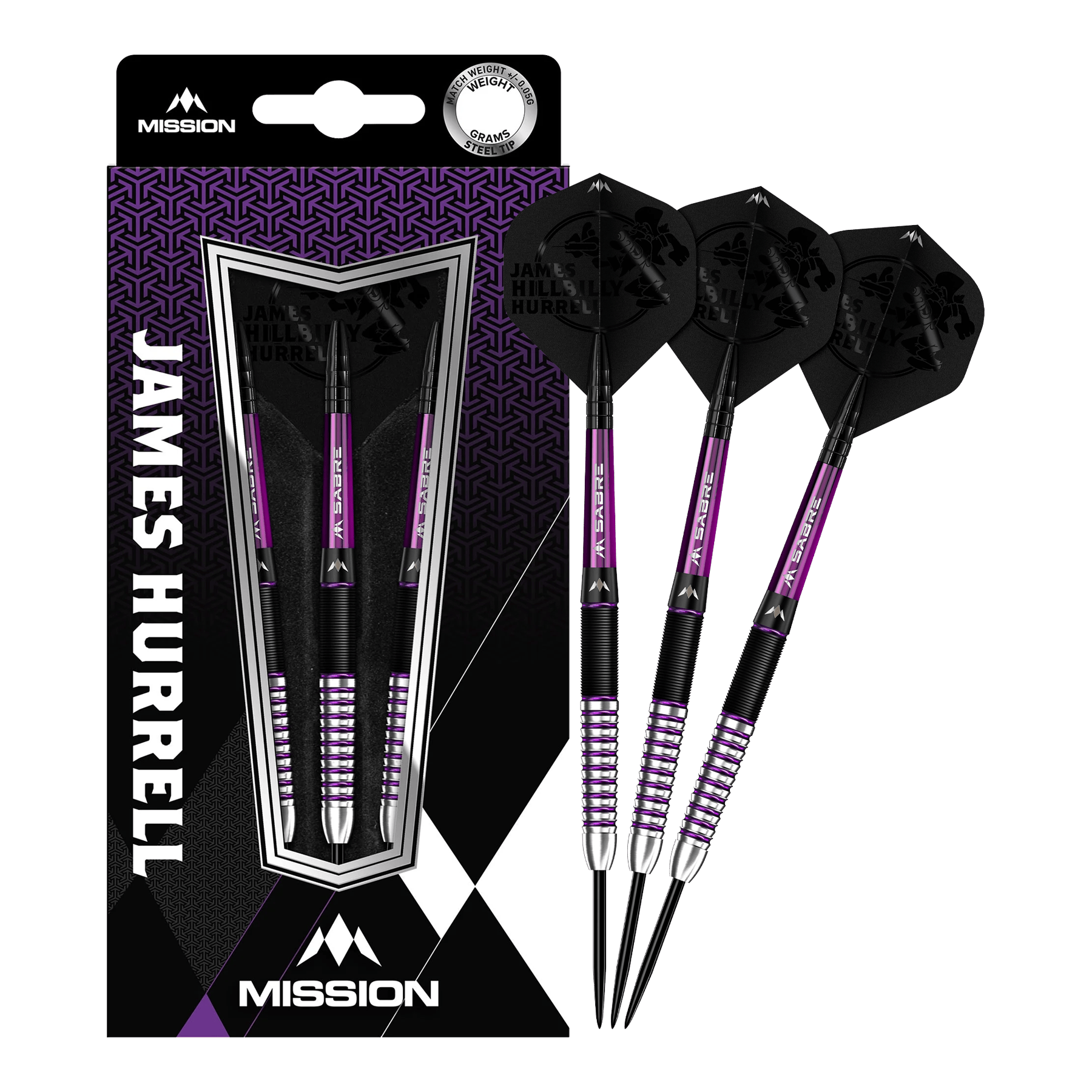 Das Bild zeigt das Produkt "Mission James Hurrell Hillbilly Black Purple Steeldarts" mit drei Darts neben der Verpackung. Die Darts sind schwarz und lila gestaltet und im Karton steht groß der Name "James Hurrell".