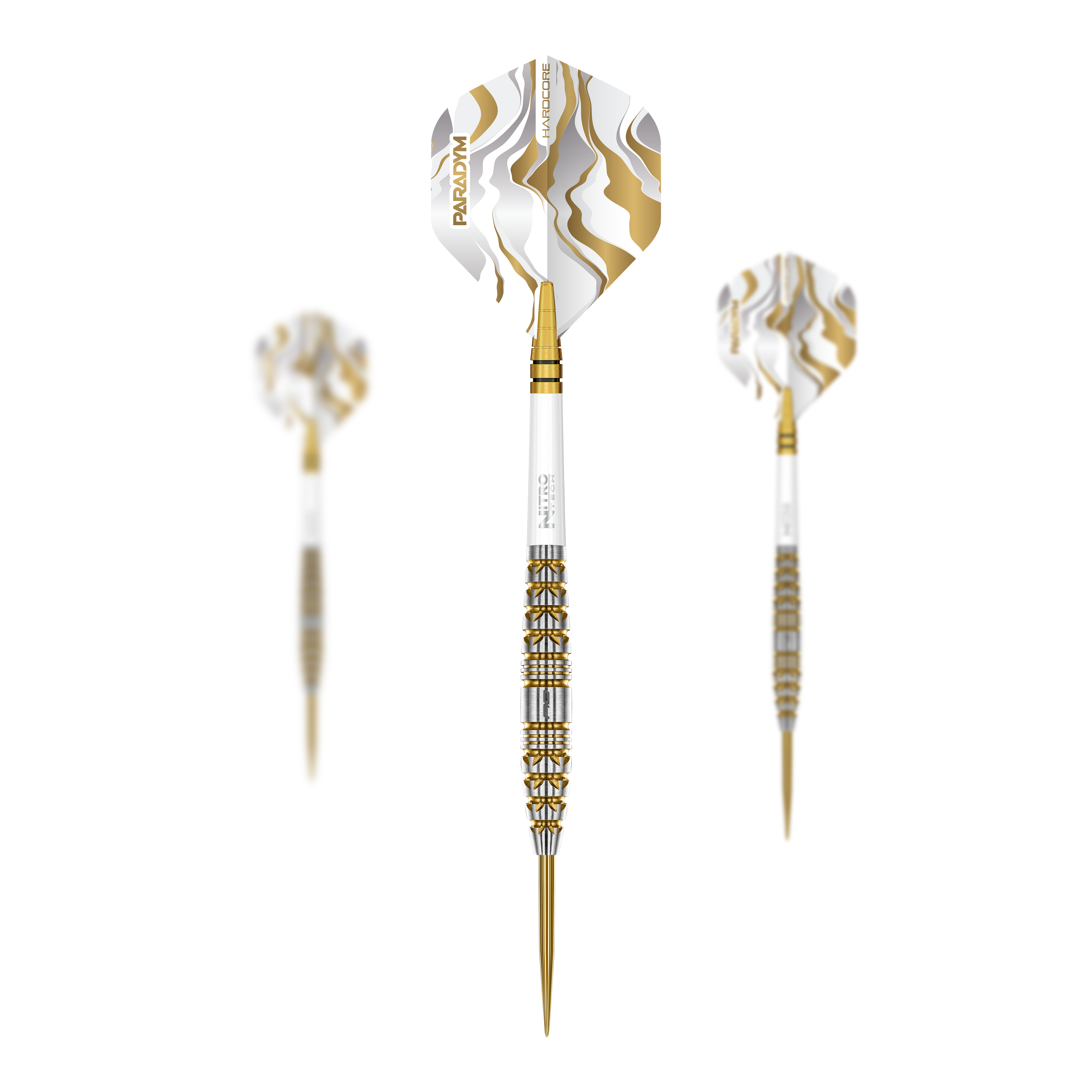 Zu sehen ist das Set der Red Dragon Paradym Gold Torpedo Steeldarts. Dieses Produkt besteht aus mehreren hochwertigen goldenen Steeldarts.