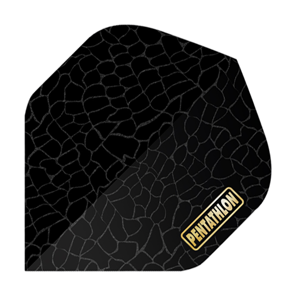 Pentathlon Flights RT Scales Das Bild zeigt ein schwarzes Dartflight mit einem schuppigen Muster. In der unteren Ecke steht das goldene Logo "PENTATHLON".