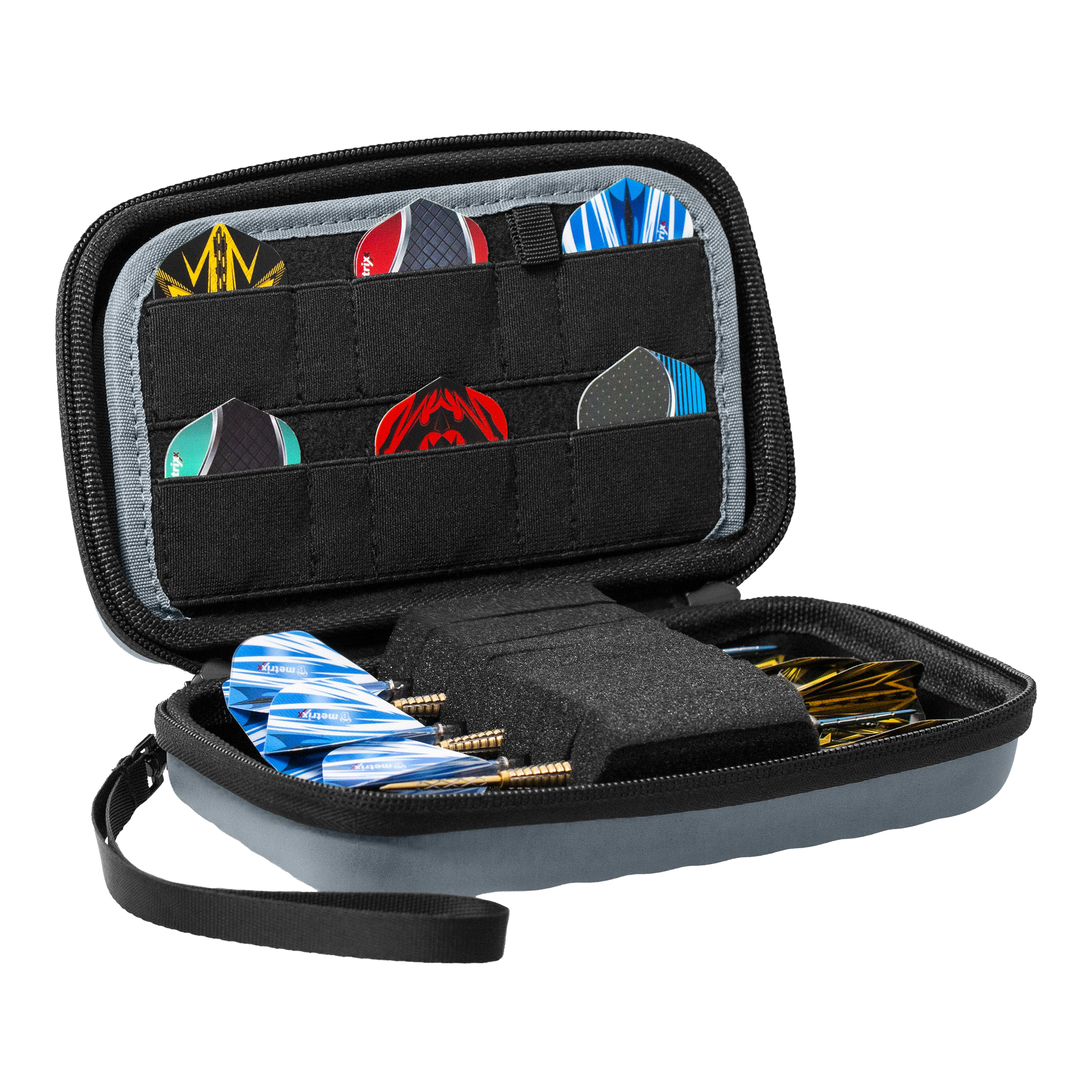 Das Bild zeigt das Bulls Orbis XL Dartcase in der Farbe Grau. Dieses Etui bietet viel Platz für Dartzubehör.