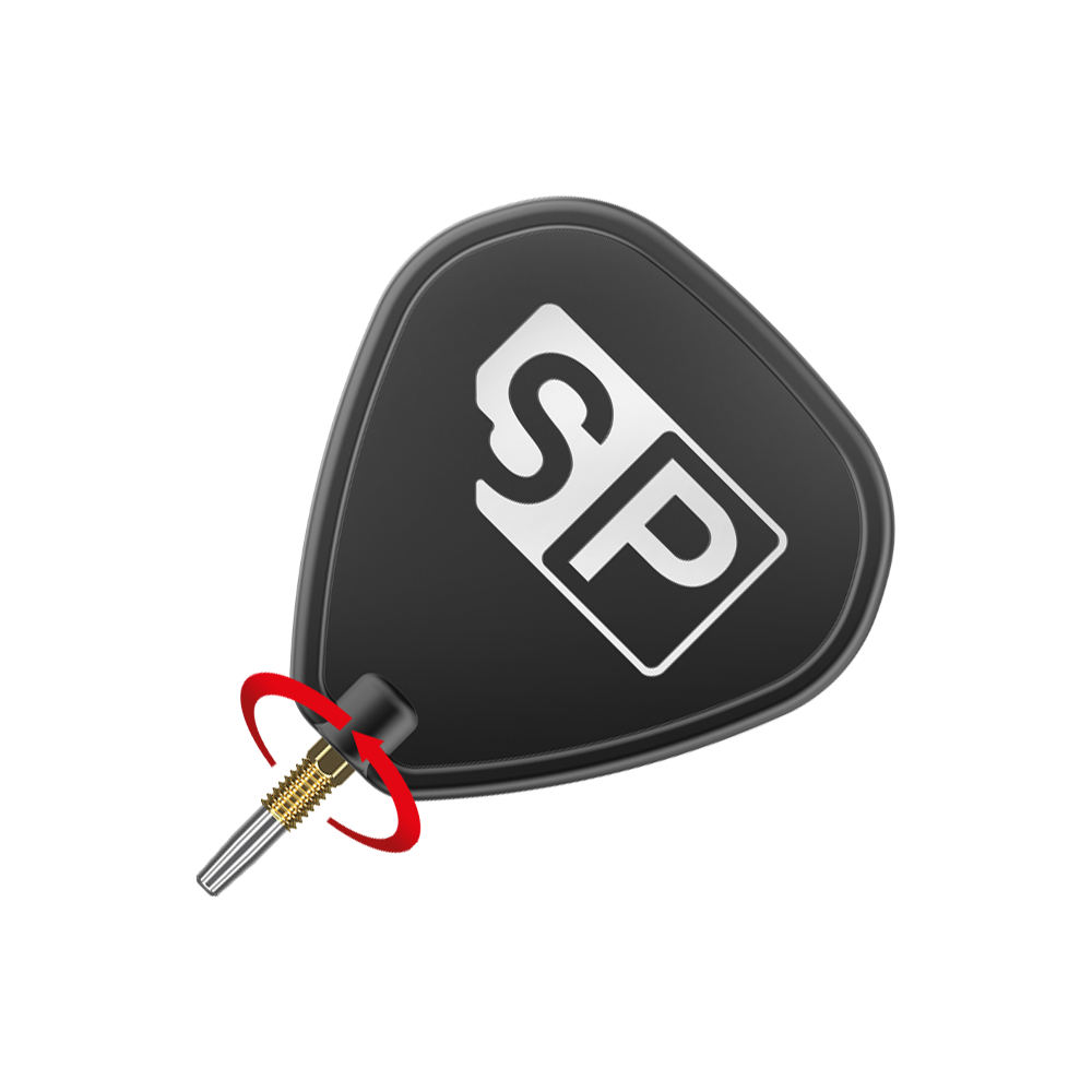 Końcówki do lotek Target Swiss Diamond Pro Gold Das Bild zeigt eine schwarze Dartspitze mit goldfarbenem Gewinde und der Aufschrift „SP“. Ein roter Pfeil illustriert die Drehbewegung zum Befestigen oder Lösen der Spitze.
