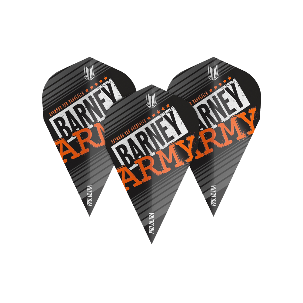 TG65_334350_Target_ProUltra_Barney_Army_Black_Vapor_Flights_1OAqgF28riGopN Das Bild zeigt drei schwarze Dart-Flights mit der Aufschrift "Barney Army" in weißer und orangefarbener Schrift. Auf den Flights steht außerdem "Pro Ultra" und sie haben ein Streifendesign.