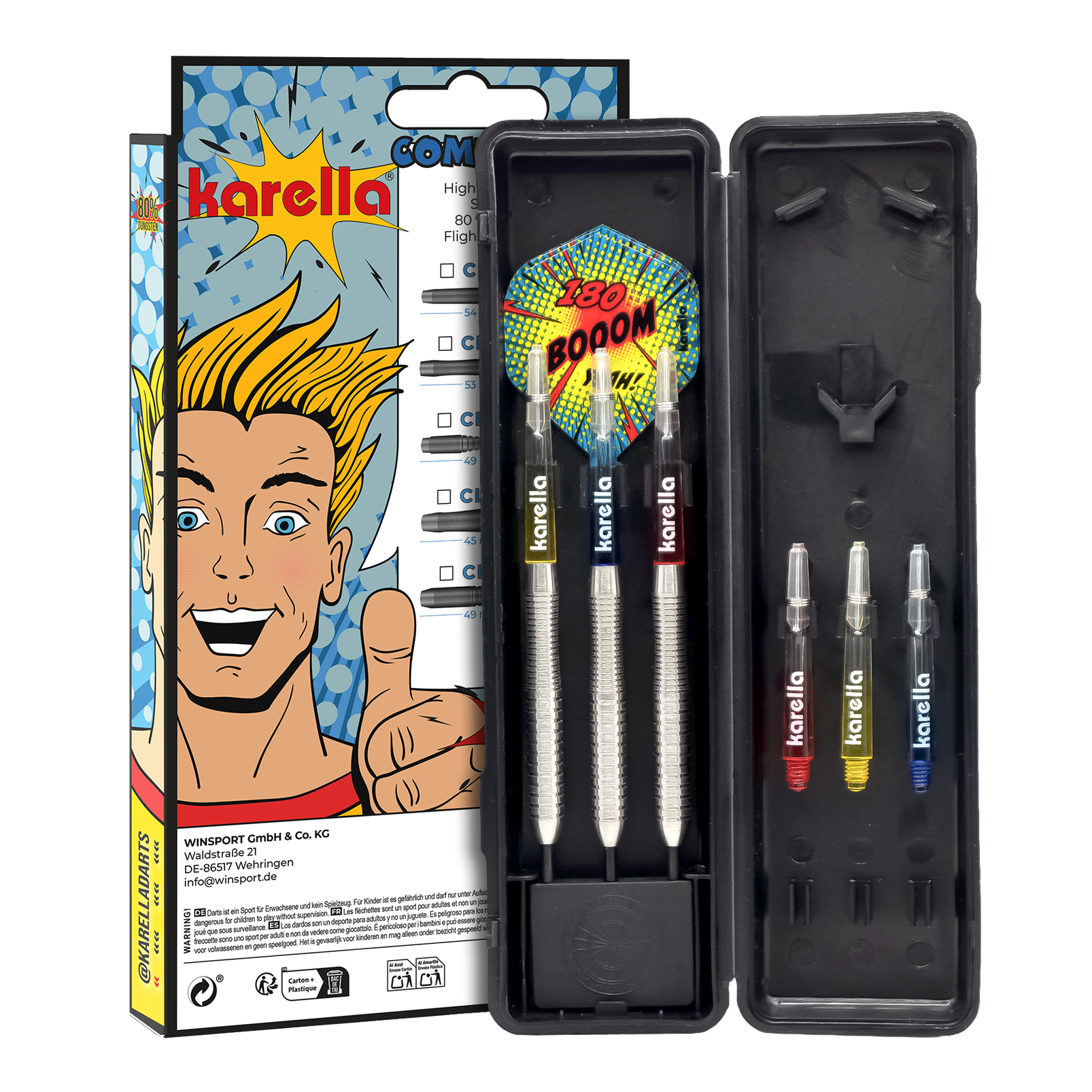 Hier sind die Karella Comic Line CL-2 Steeldarts mit einem Gewicht von 23g abgebildet. Die Darts sind speziell für den Einsatz im Wettkampf gedacht.