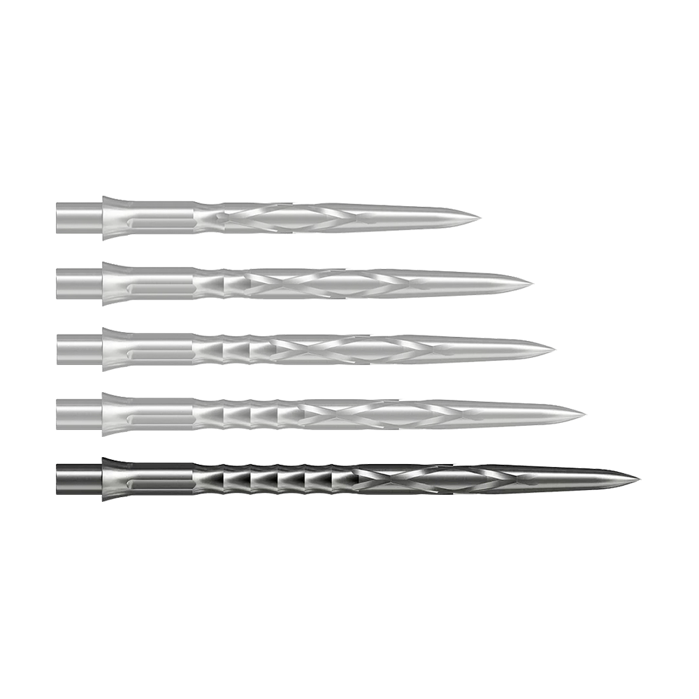 Zu sehen ist eine silberne Caliburn Evo System Steeldartspitze, 40mm lang. Dieses Produkt ist robust und für Dartspiele gedacht.