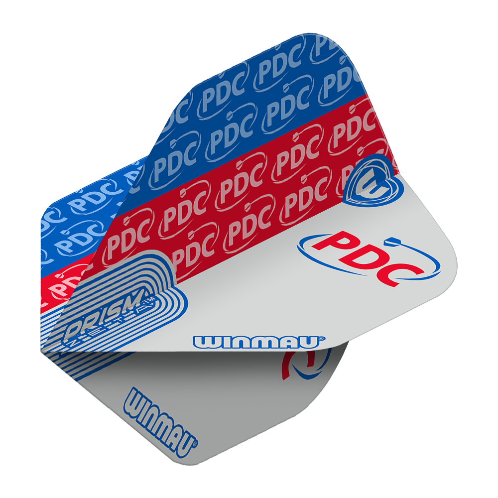 Das Bild zeigt ein Dartflight mit den Farben Blau, Rot und Weiß sowie dem PDC-Logo. Auf dem Flight stehen außerdem die Wörter "Winmau" und "Prism Zeta".