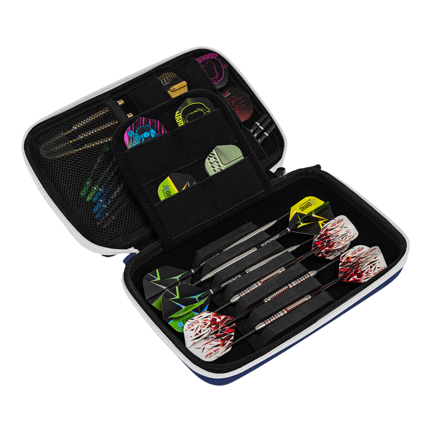 Etui na lotki Harrows Smart Case XL Das Bild zeigt ein geöffnetes Dart-Etui mit mehreren Darts und Zubehörteilen. In den Fächern sind verschiedene Flights und Spitzen ordentlich verstaut.