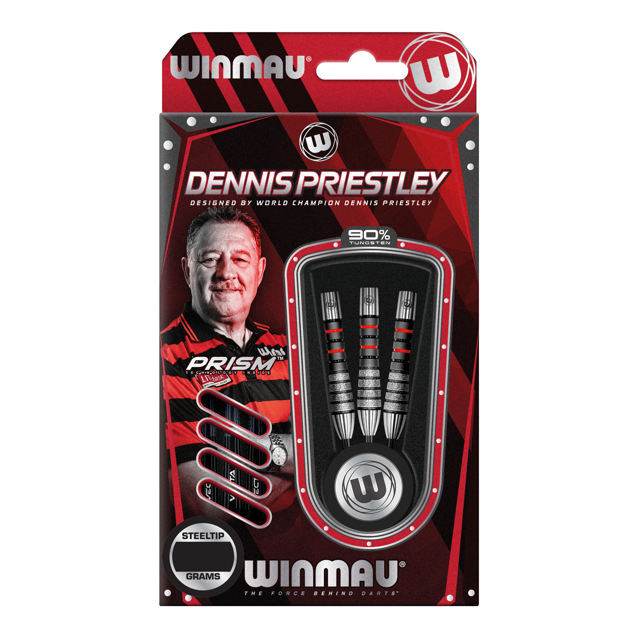Stalowe lotki Winmau Dennis Priestley Diamond 3-Zero Das Bild zeigt die Verpackung der Winmau Dennis Priestley Diamond 3-Zero Steeldarts. In der Packung sind drei hochwertige Steeldarts aus 90% Tungsten zu sehen.