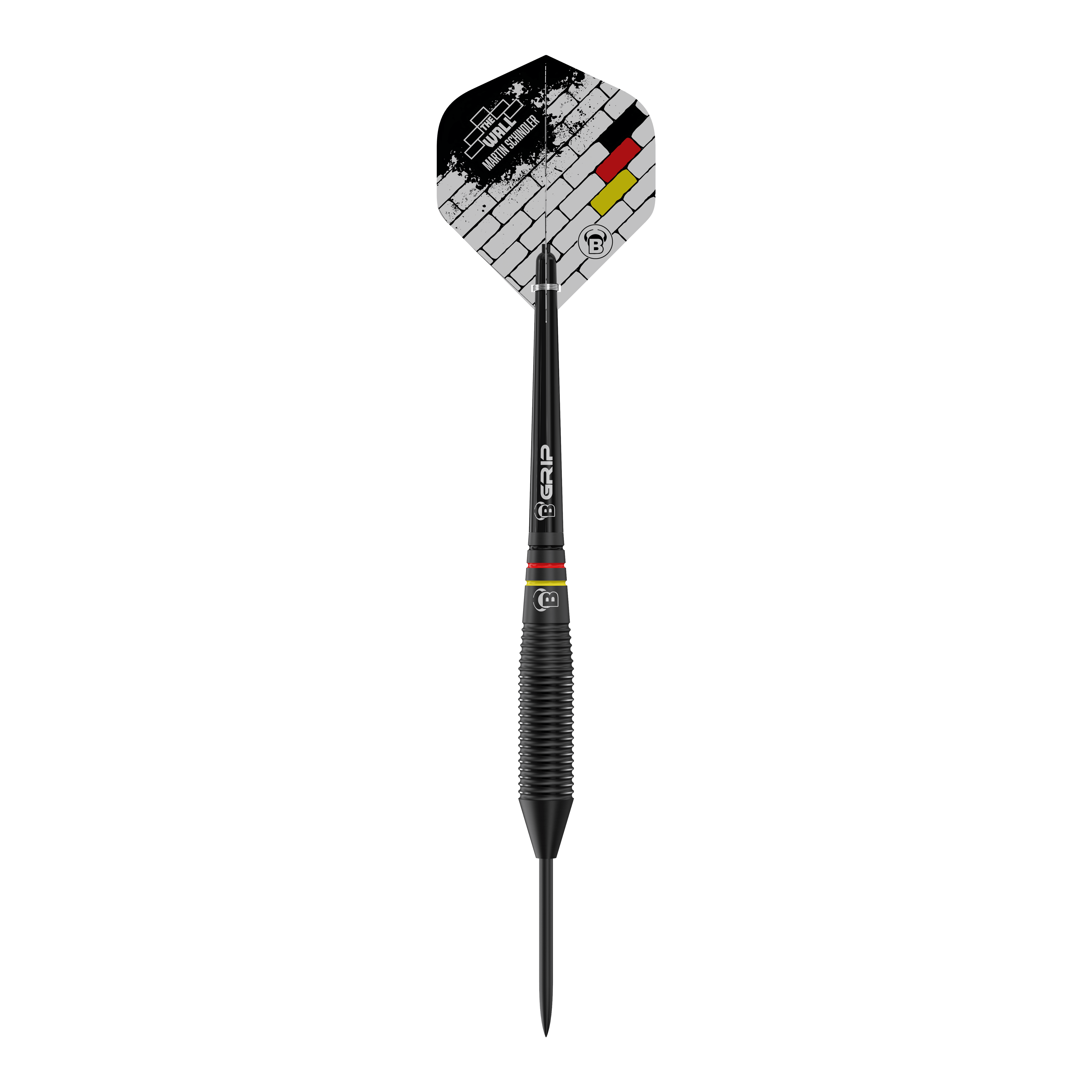 Byki Martin Schindler The Wall Black Brass Steeldarts Auf dem Bild ist ein schwarzer Steeldart abgebildet, der das Design "Bulls Martin Schindler The Wall Black Brass" trägt. Die Flight zeigt ein Ziegelmuster mit den Farben Schwarz, Rot und Gelb.