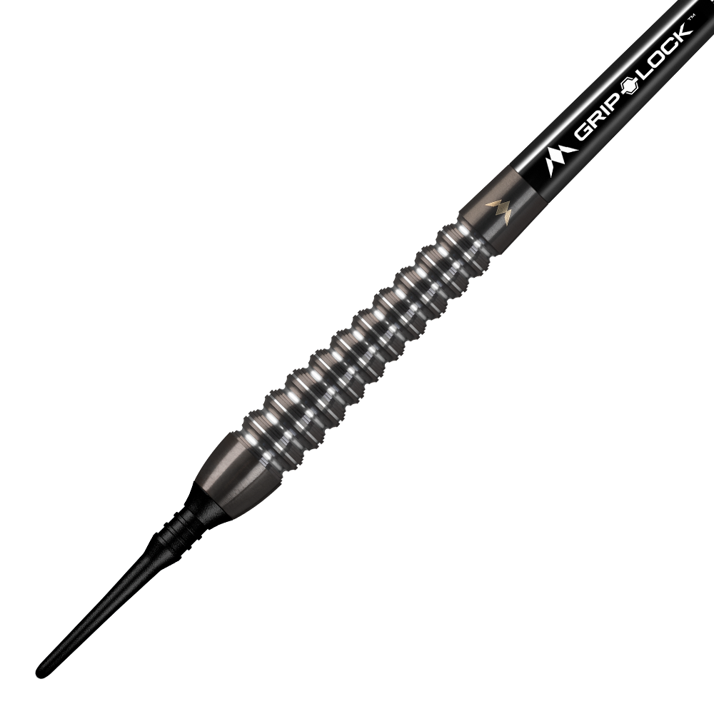 Das Bild zeigt einen Mission Spiro Model 2 Softdart mit einem Gewicht von 19g. Der Dart hat ein geriffeltes, silbernes Griffstück und eine schwarze Spitze.