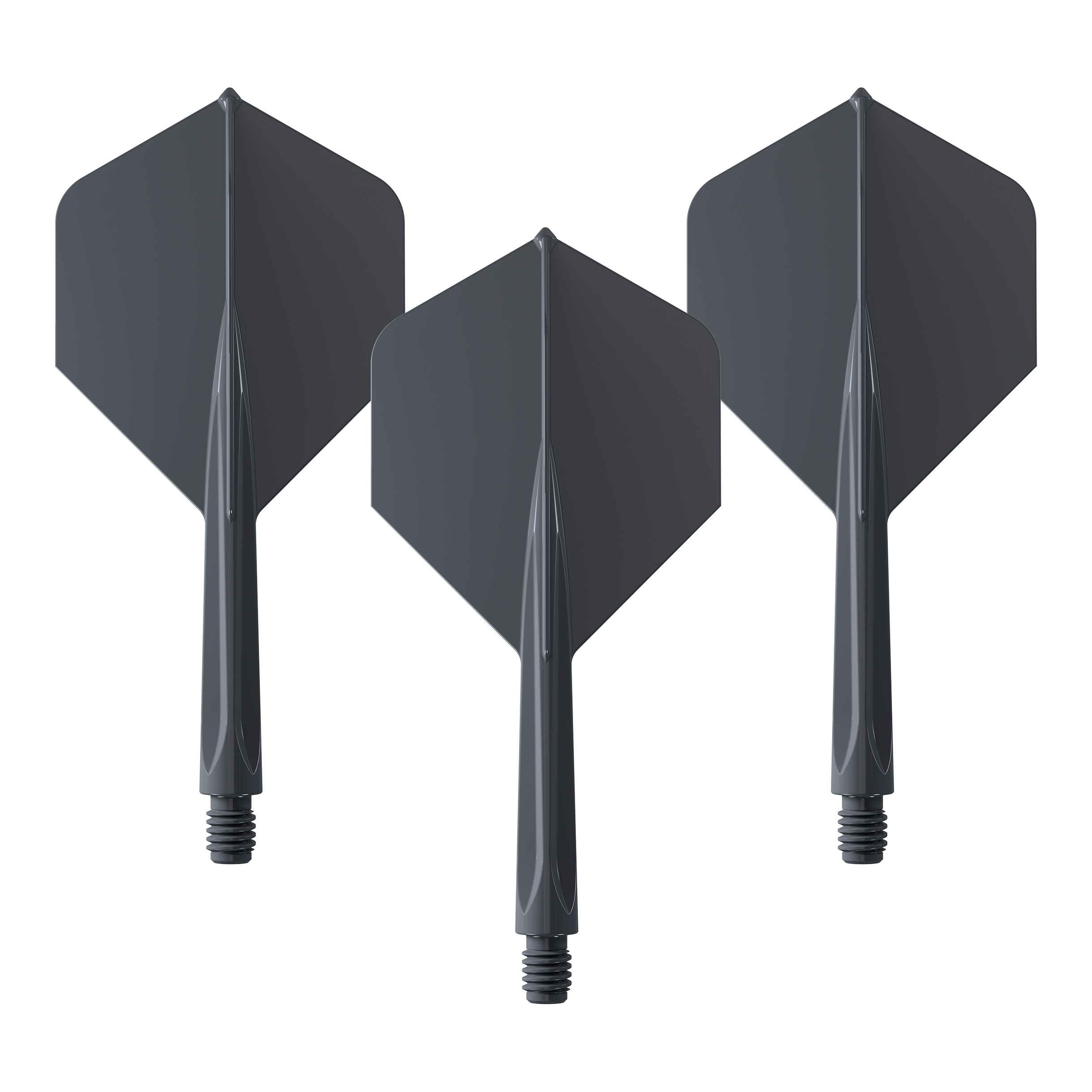 Das Bild zeigt drei schwarze Dartflights mit integriertem Schaft in mittlerer Größe. Es handelt sich um das Produkt "Unicorn Forge All In One Plus No2 Standard Flights Schwarz - Medium".