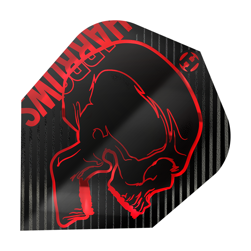 Loty Harrows Rage Red nr 6 Das Bild zeigt ein Dartflight mit dem Namen "Harrows Rage Red No6 Flights". Das Flight ist schwarz mit roten Streifen und einem roten Totenkopf-Design.