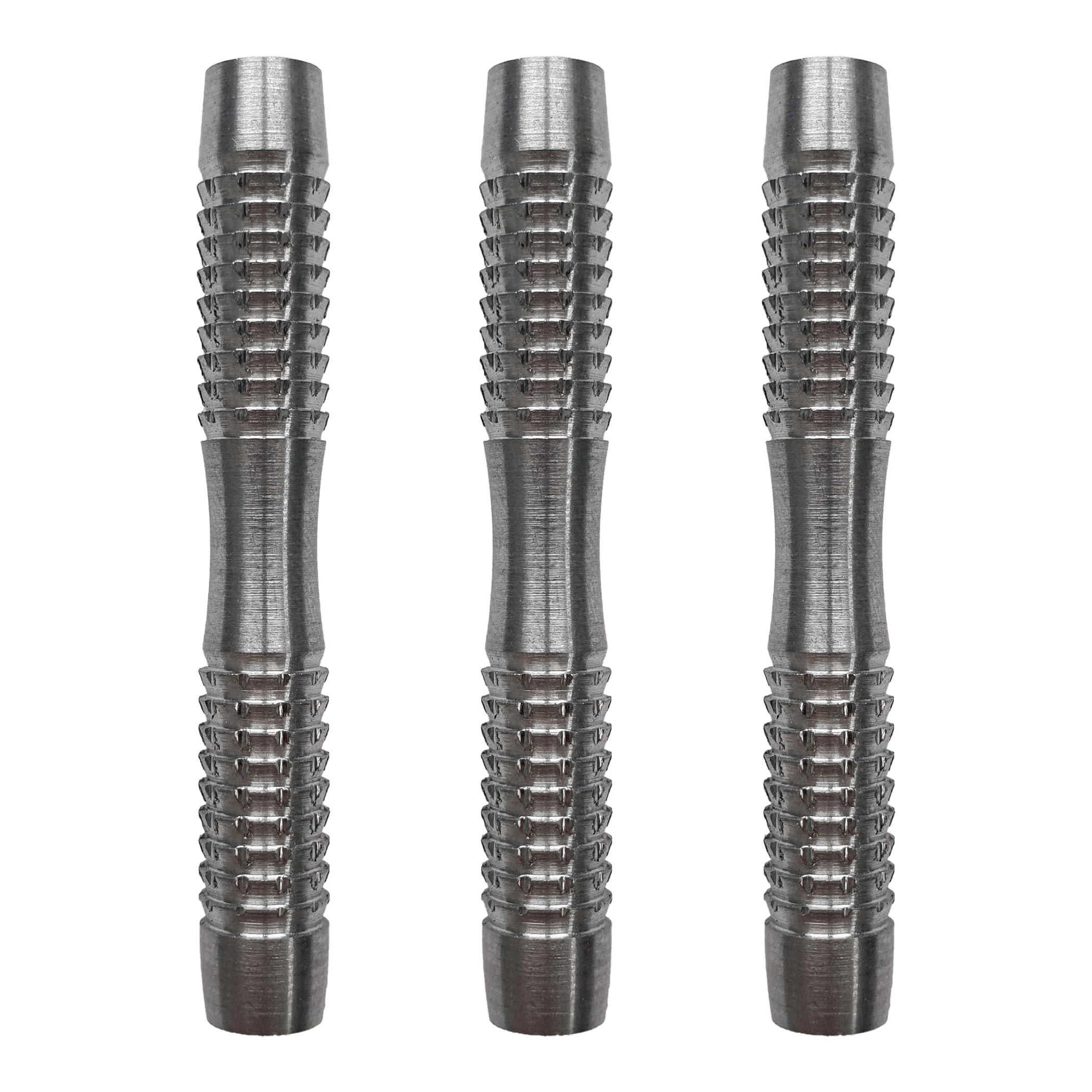 Miękkie lufy do rzutek McDart Blank Shark Das Bild zeigt drei silberne McDart Blank Shark Softdart-Barrels. Sie haben eine geriffelte Oberfläche für besseren Halt.