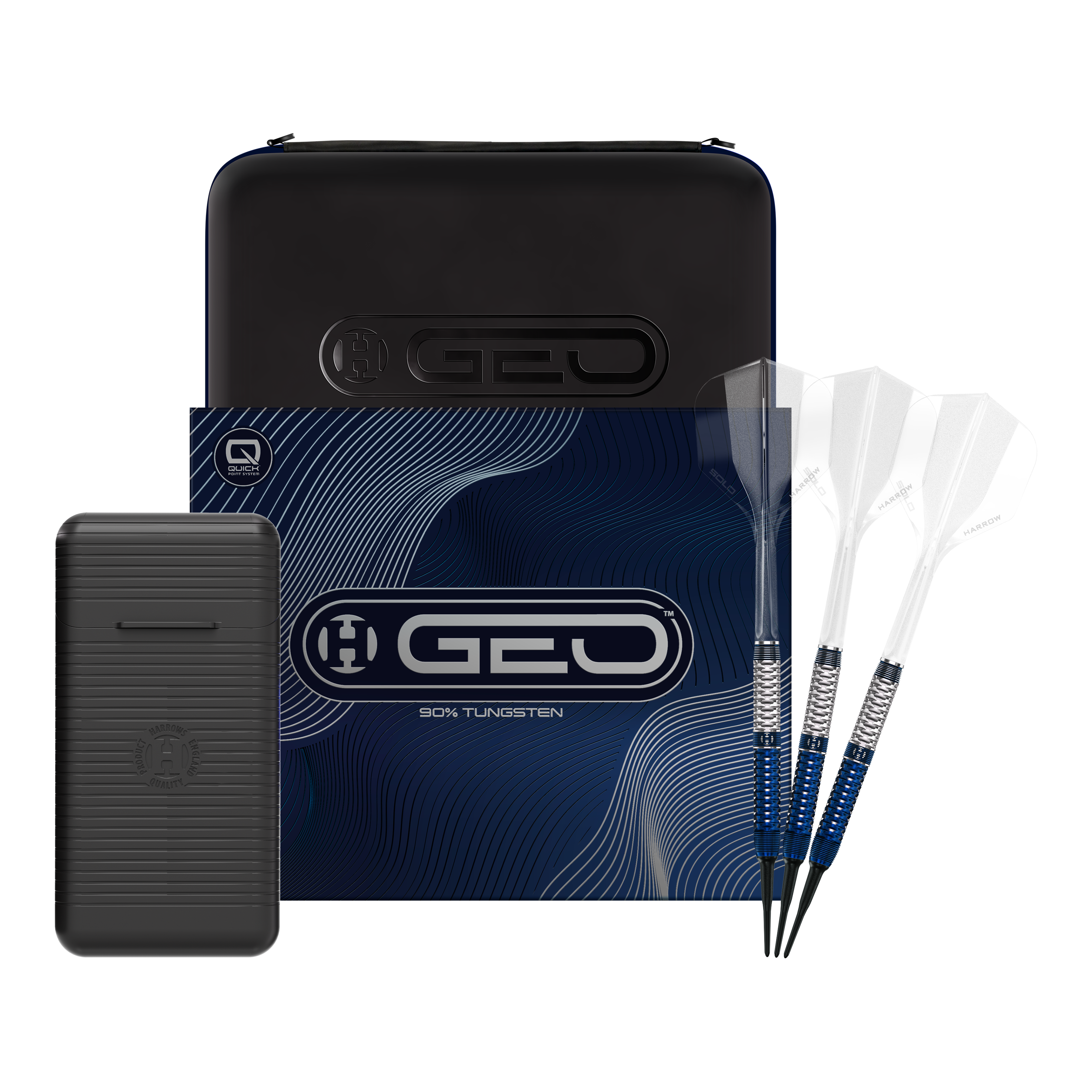 Auf dem Bild sind die Harrows GEO Parallel Softdarts vollständig sichtbar. Sie zeichnen sich durch ihre parallele Barrel-Form aus.