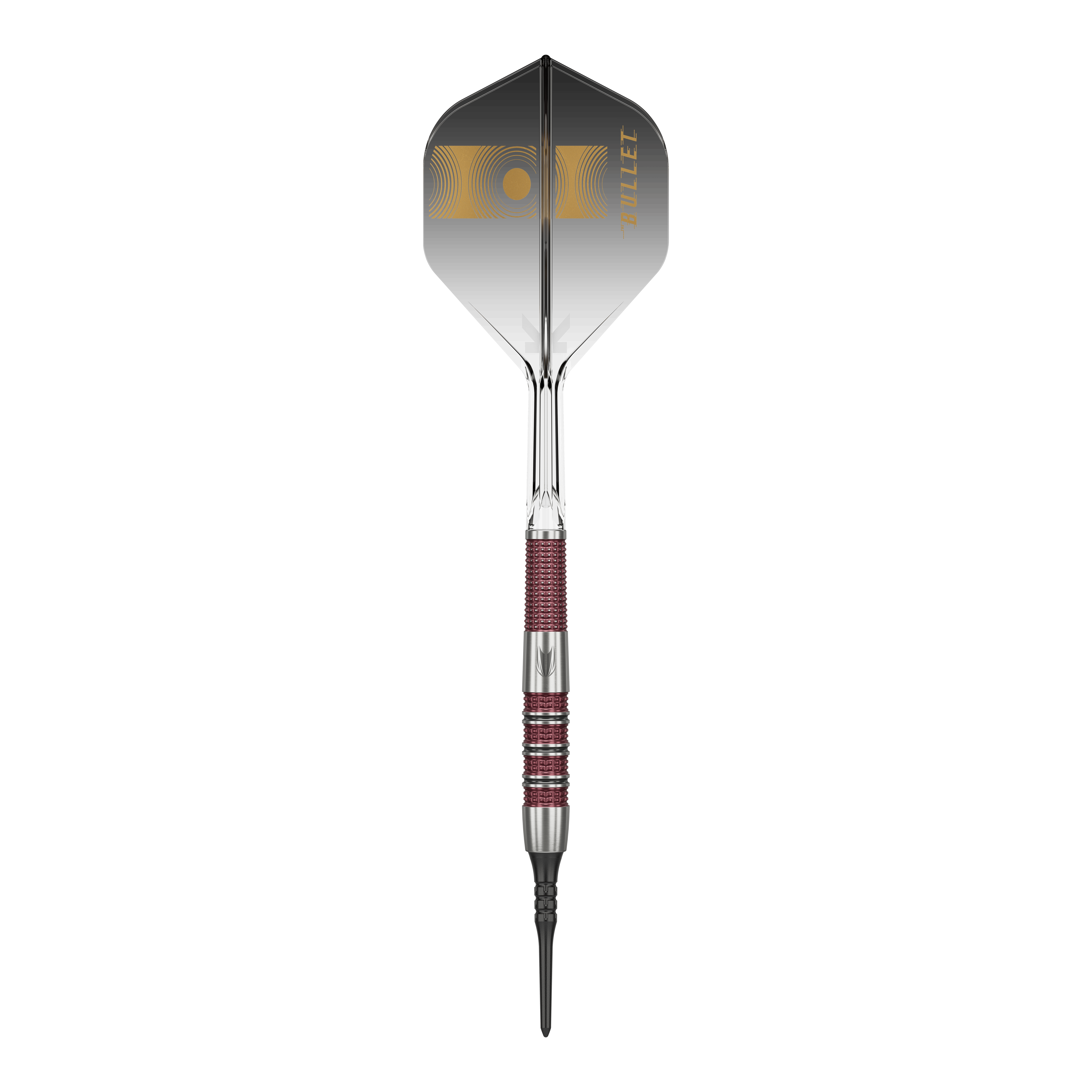 Target Stephen Bunting 95K Miękkie lotki - 19g Das Bild zeigt einen Target Stephen Bunting 95K Softdart mit einem Gewicht von 19 Gramm. Der Dart hat ein elegantes schwarzes und silbernes Design mit roten Griffbereichen und einer schwarzen Flight mit goldenen Akzenten.