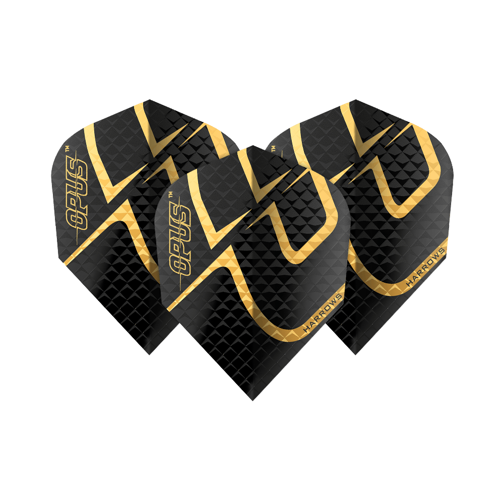 Opus Harrowa Wersja 2 Loty Das Bild zeigt die Harrows Opus Version 2 Flights, die für Dartpfeile verwendet werden. Sie sind schwarz mit einem goldenen Muster und dem Schriftzug "Opus" und "Harrows" darauf.
