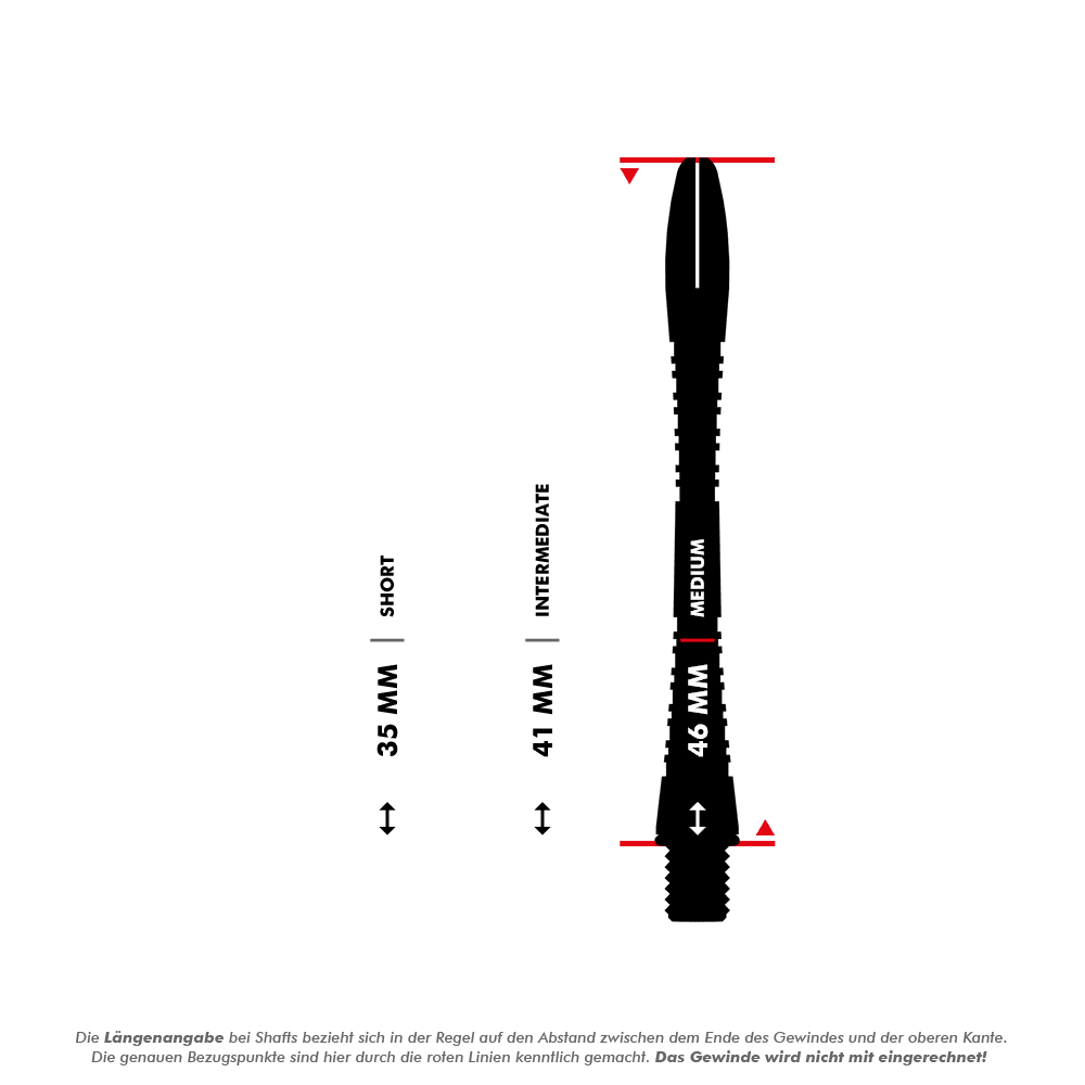 Das Bild zeigt drei verschiedene Längen von Dart-Schäften: 35 mm (Short), 41 mm (Intermediate) und 46 mm (Medium). Die Längenangabe bezieht sich auf den Abstand zwischen dem Ende des Gewindes und der oberen Kante, das Gewinde wird nicht mit eingerechnet.